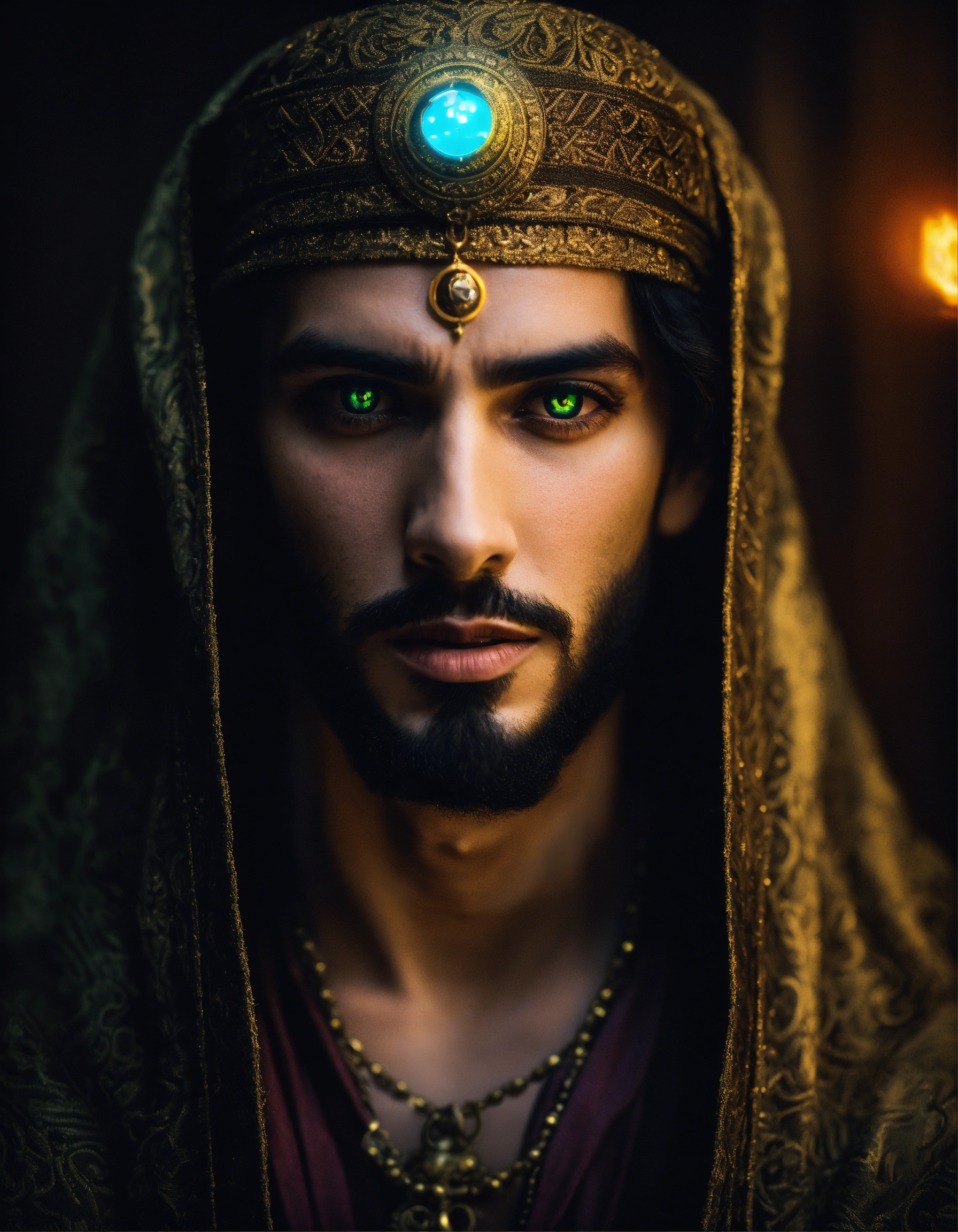 Lexica - Dramatic headshot of a young handsome wicked Arabic sorcerer ...