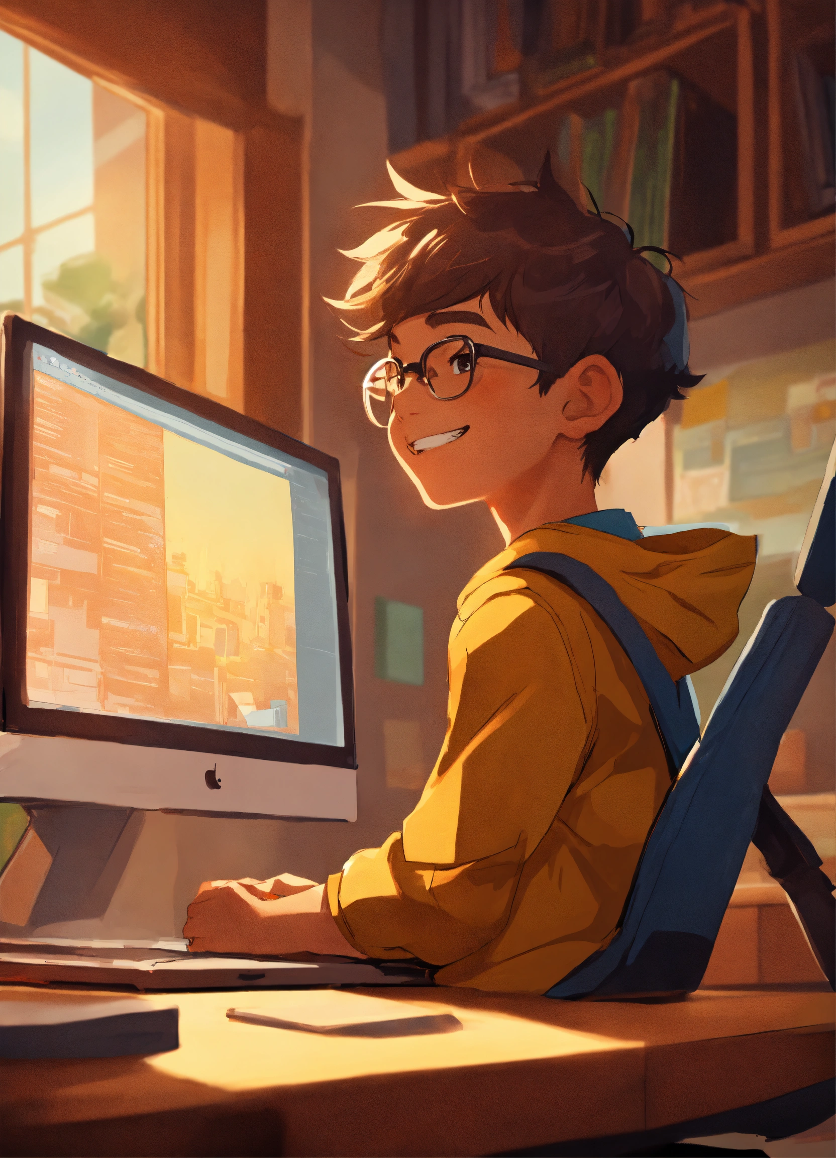 Lexica - A boy sits confidently in front of a computer, a satisfied ...