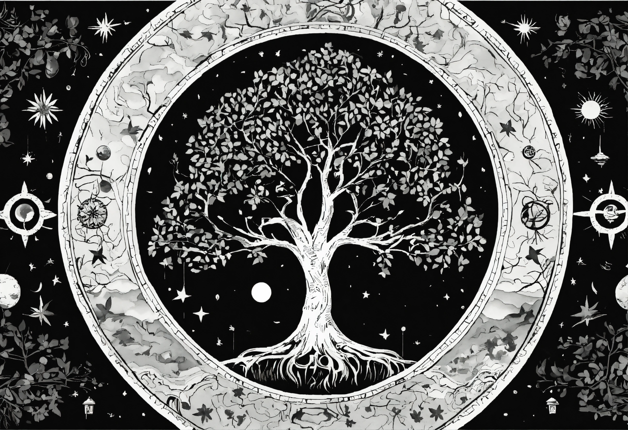 Lexica - Tree of life black and white no leaf with moon sun and stars