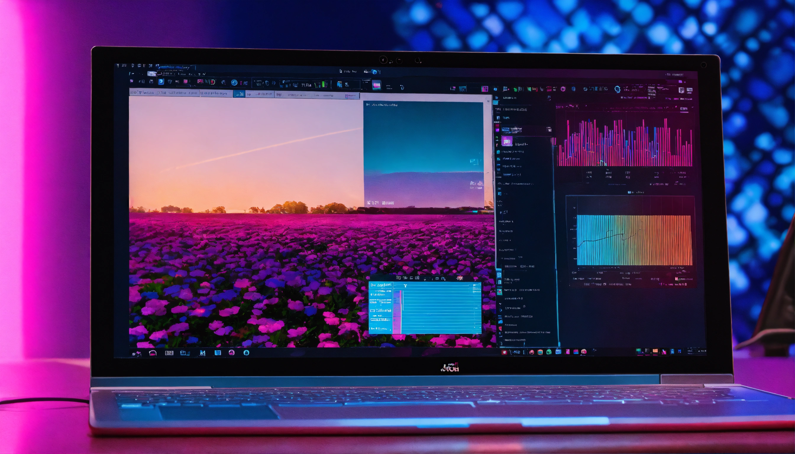 Lexica - Laptop to the right of screen with data on it using blue ...