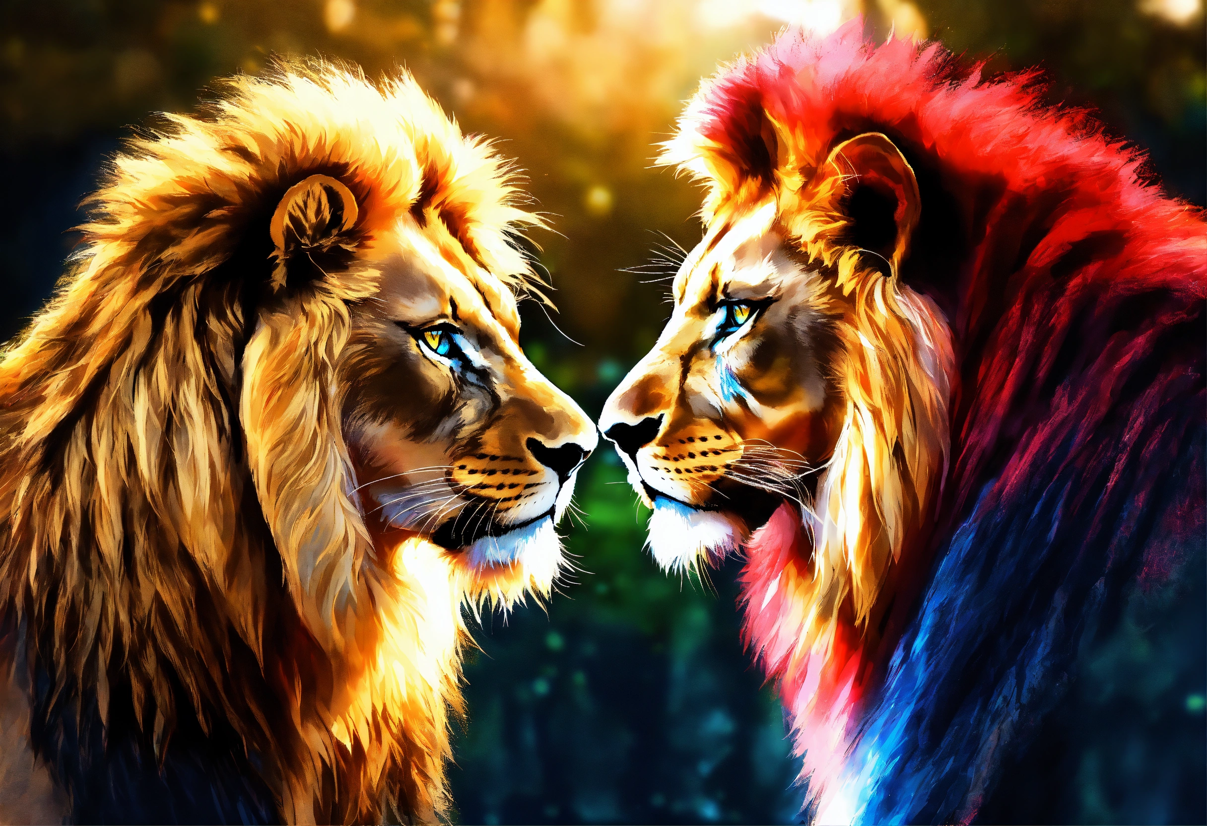 Lexica - Two lions facing each other. one lion glowing ruby-red at ...