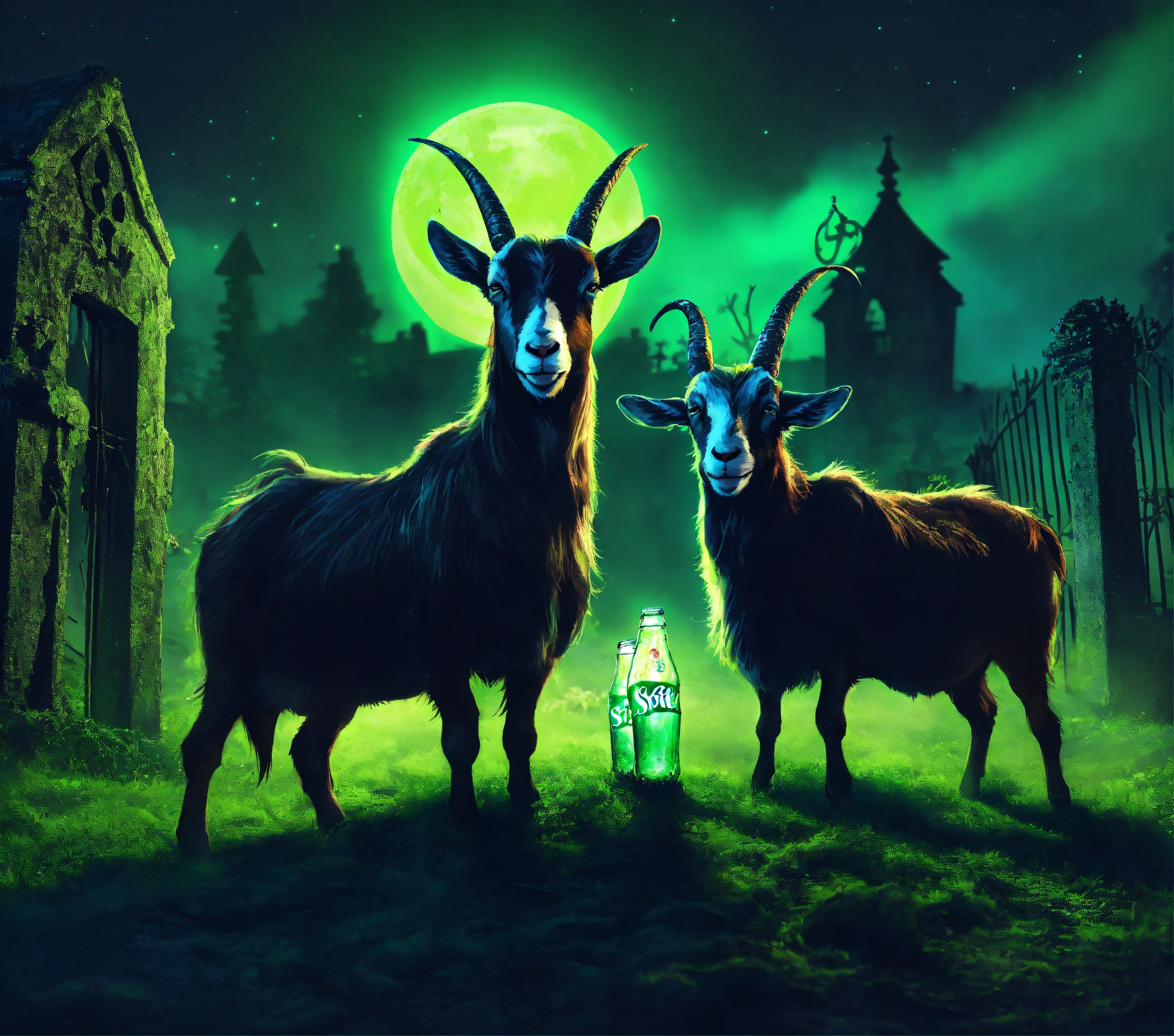 Lexica - Two grinning goats in a haunted graveyard at night, happily ...