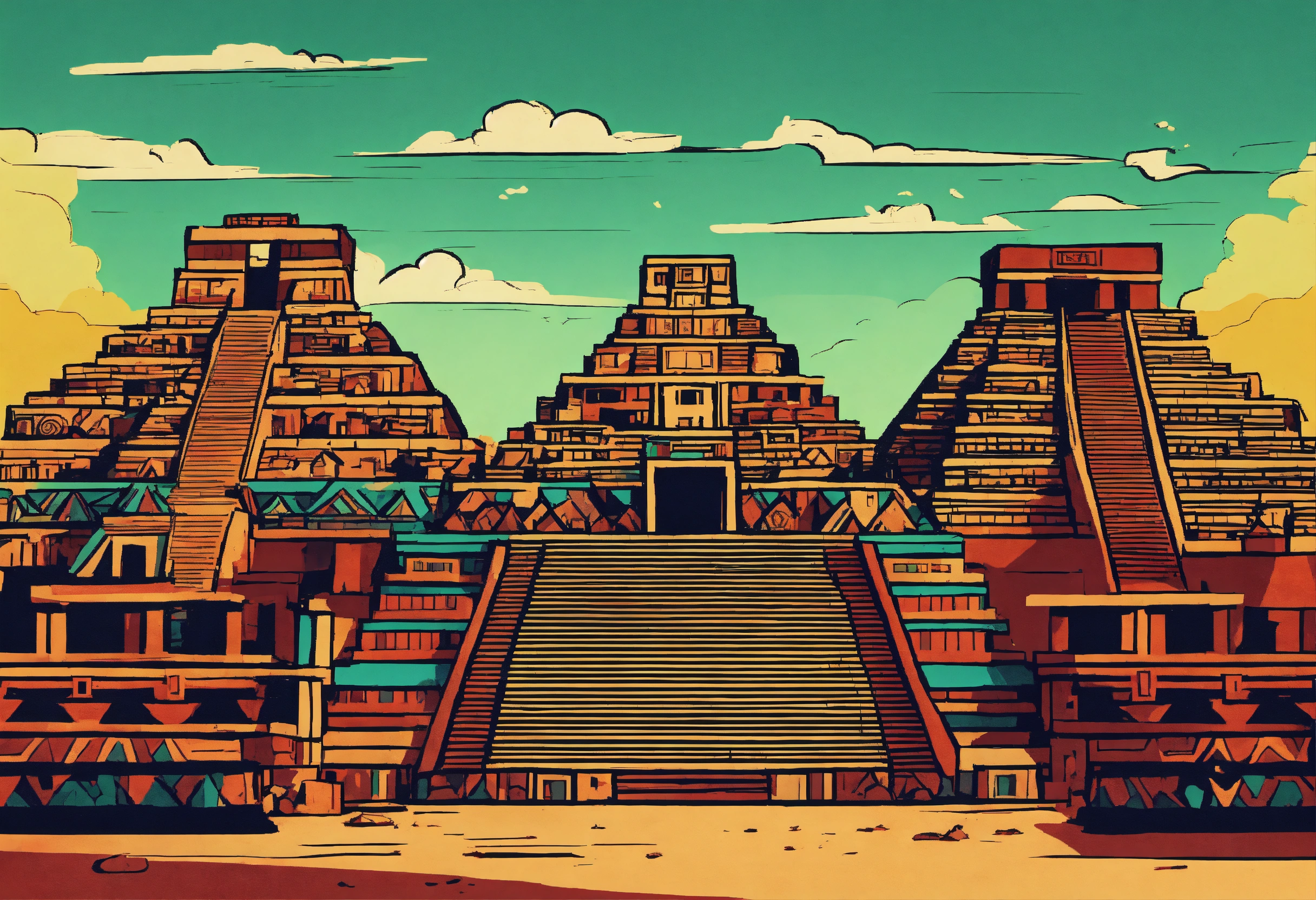 Lexica - Graphic stylized drawing of aztec city in 4 colors, 8k