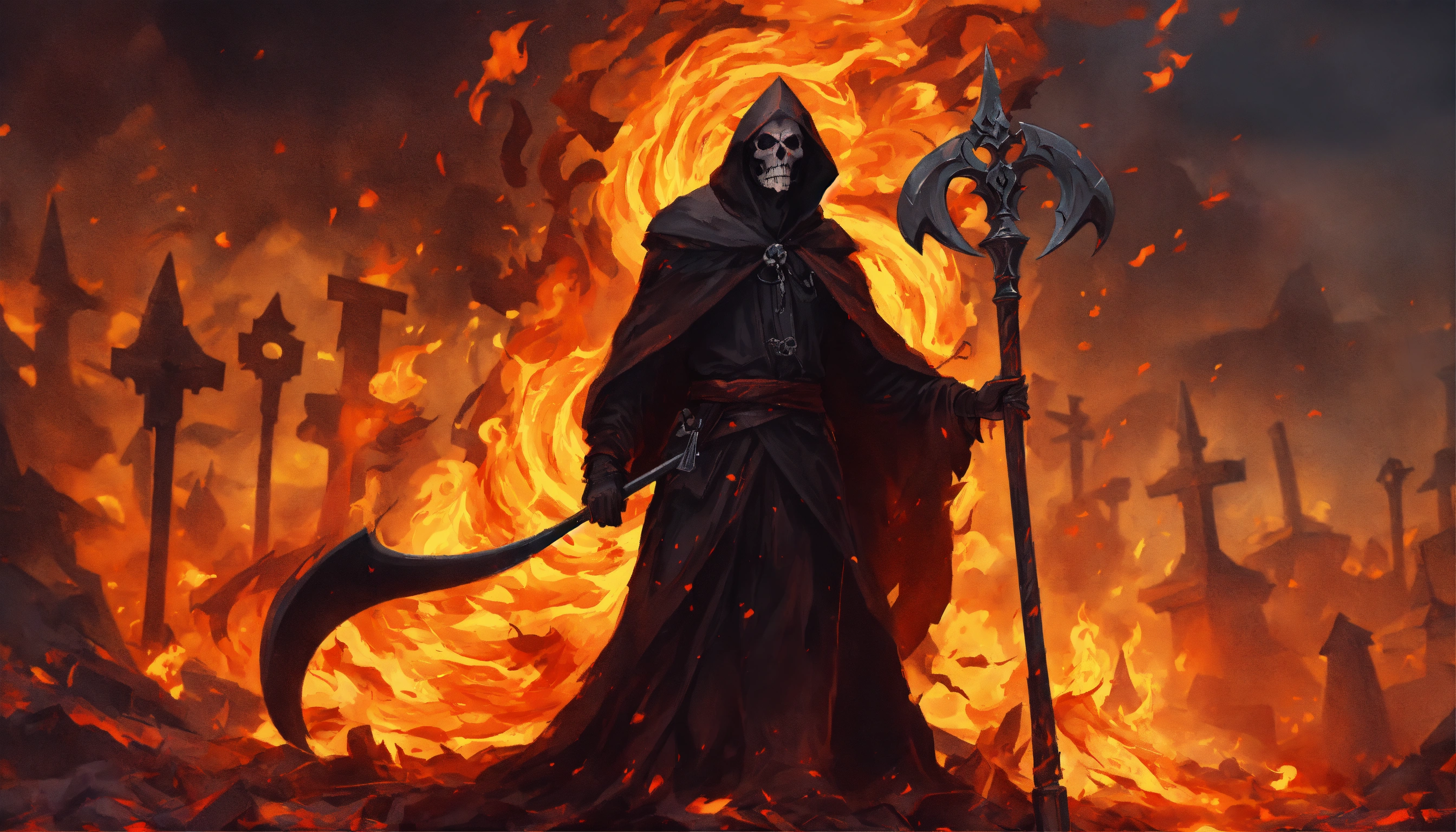 Lexica - Menacing grim reaper with flaming scythe, tattered flowing ...