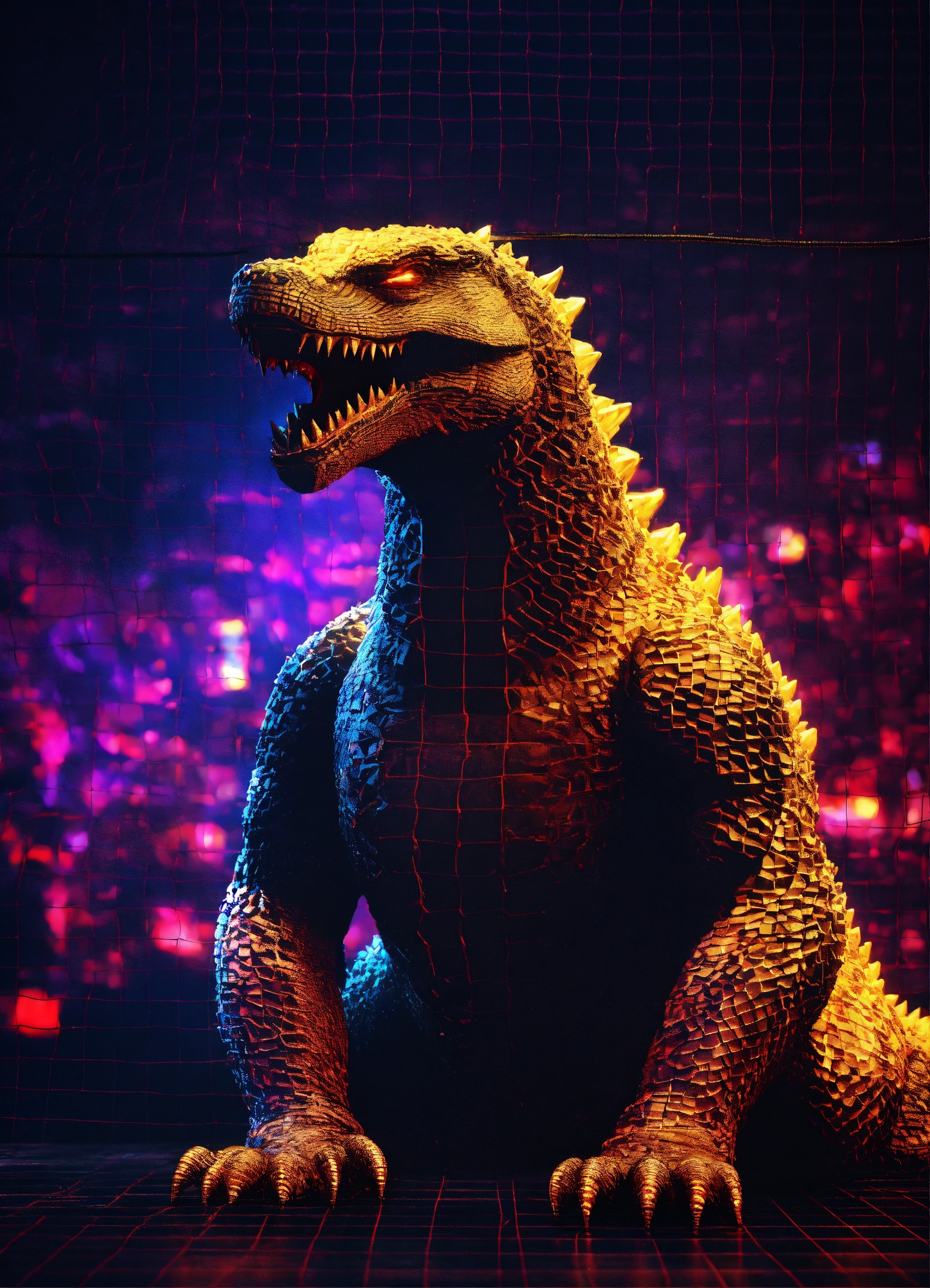 Lexica - Digital wire neon Frame Godzilla polygon with small eyes 3d ...