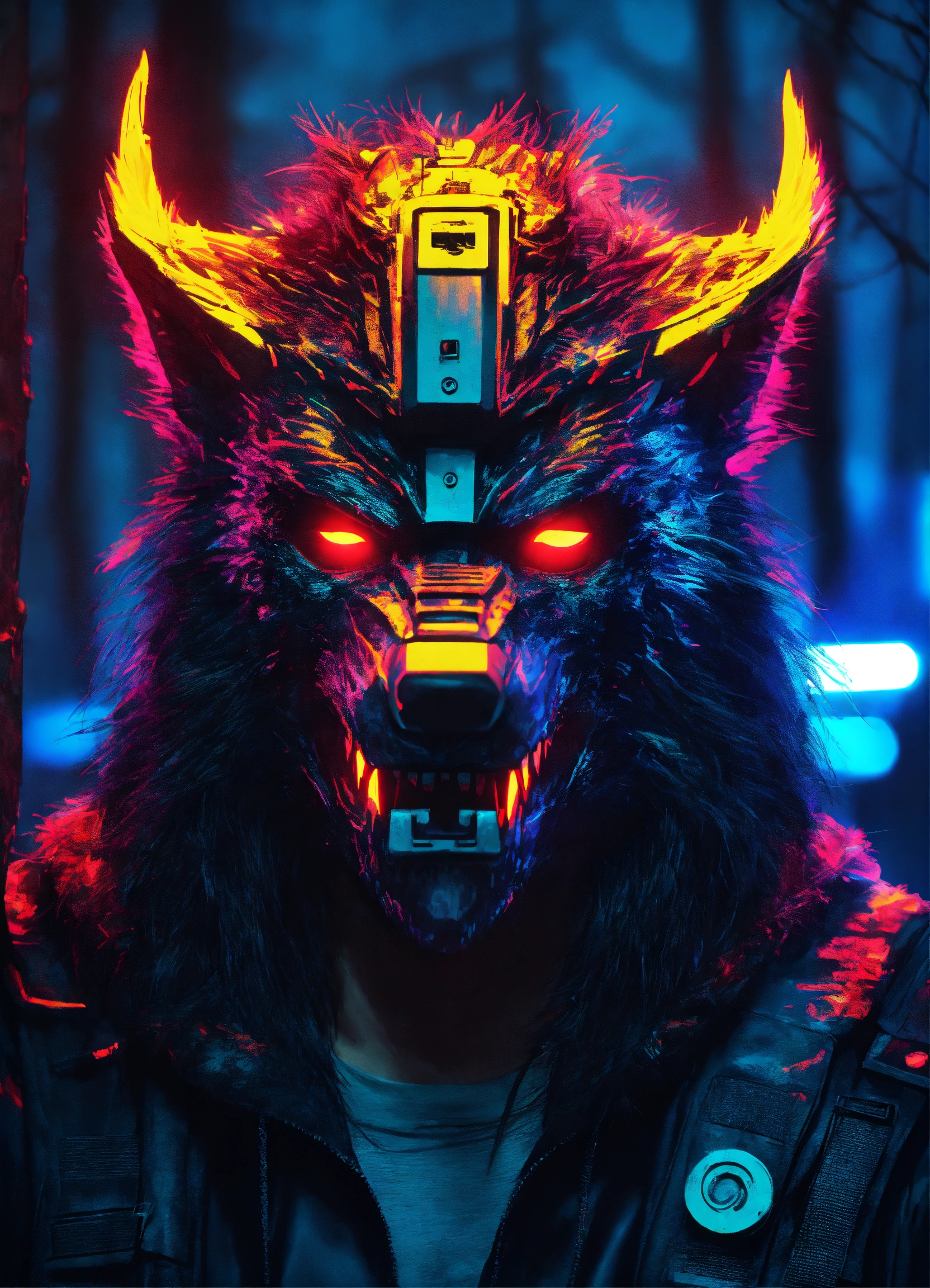 Lexica - Cyberpunk werewolf face in the forest, neon lights, ultra ...