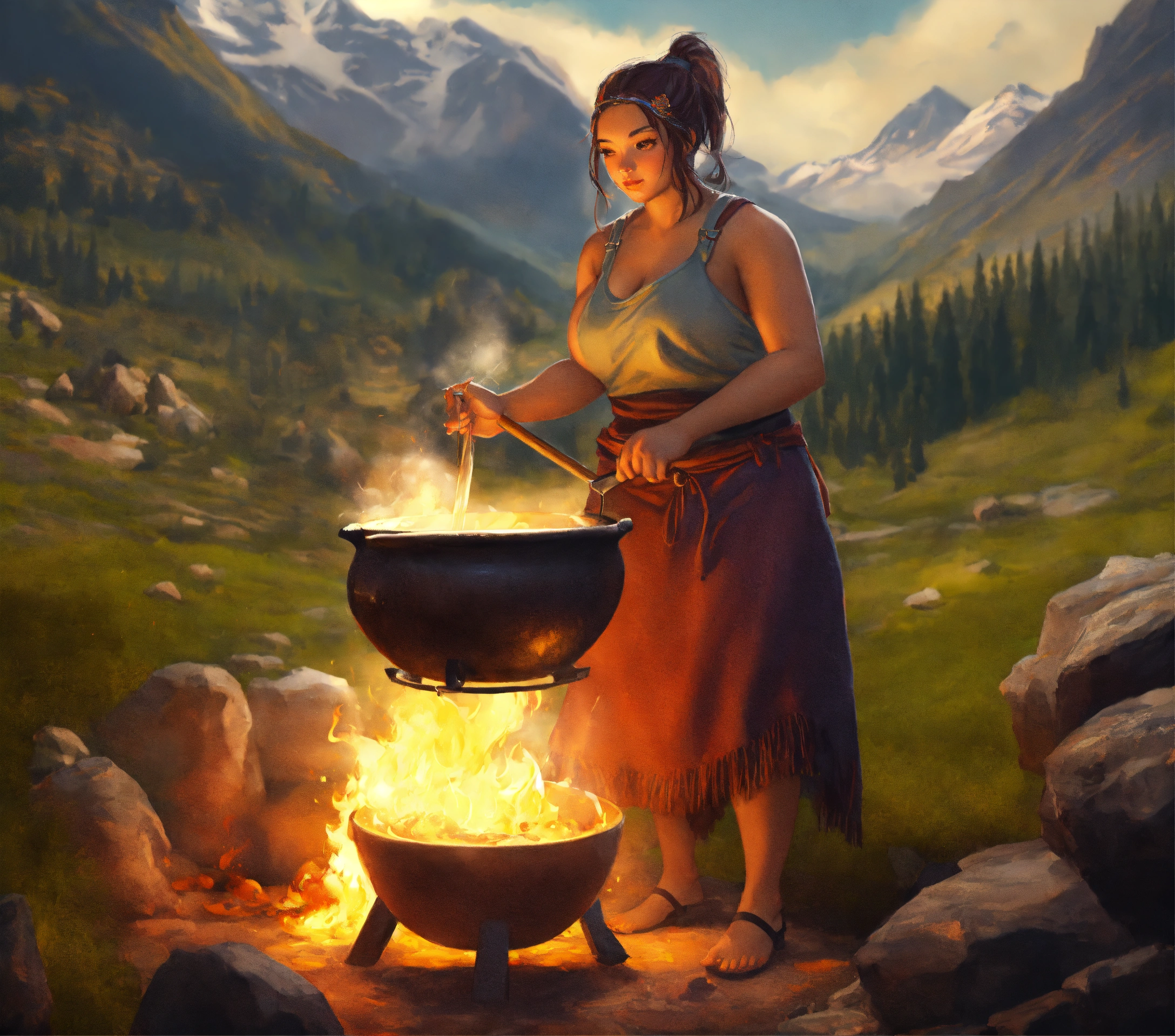 Lexica - Ogre female cooking in a cauldron, mountain, digital painting ...