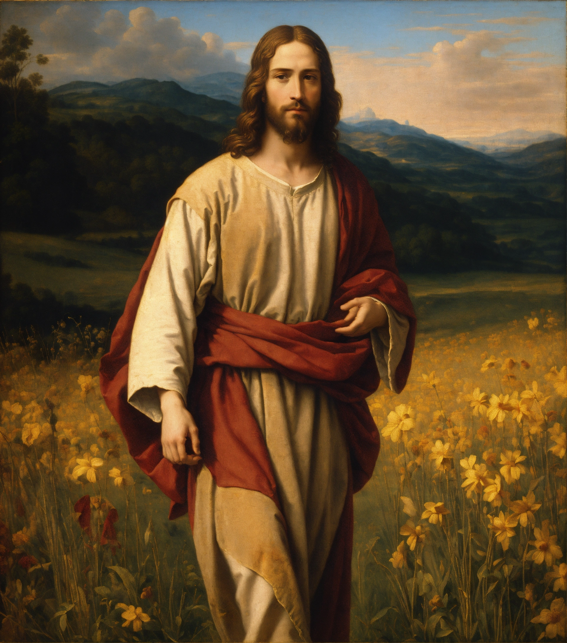 Lexica - Renaissance portrait painting of jesus walking on a field