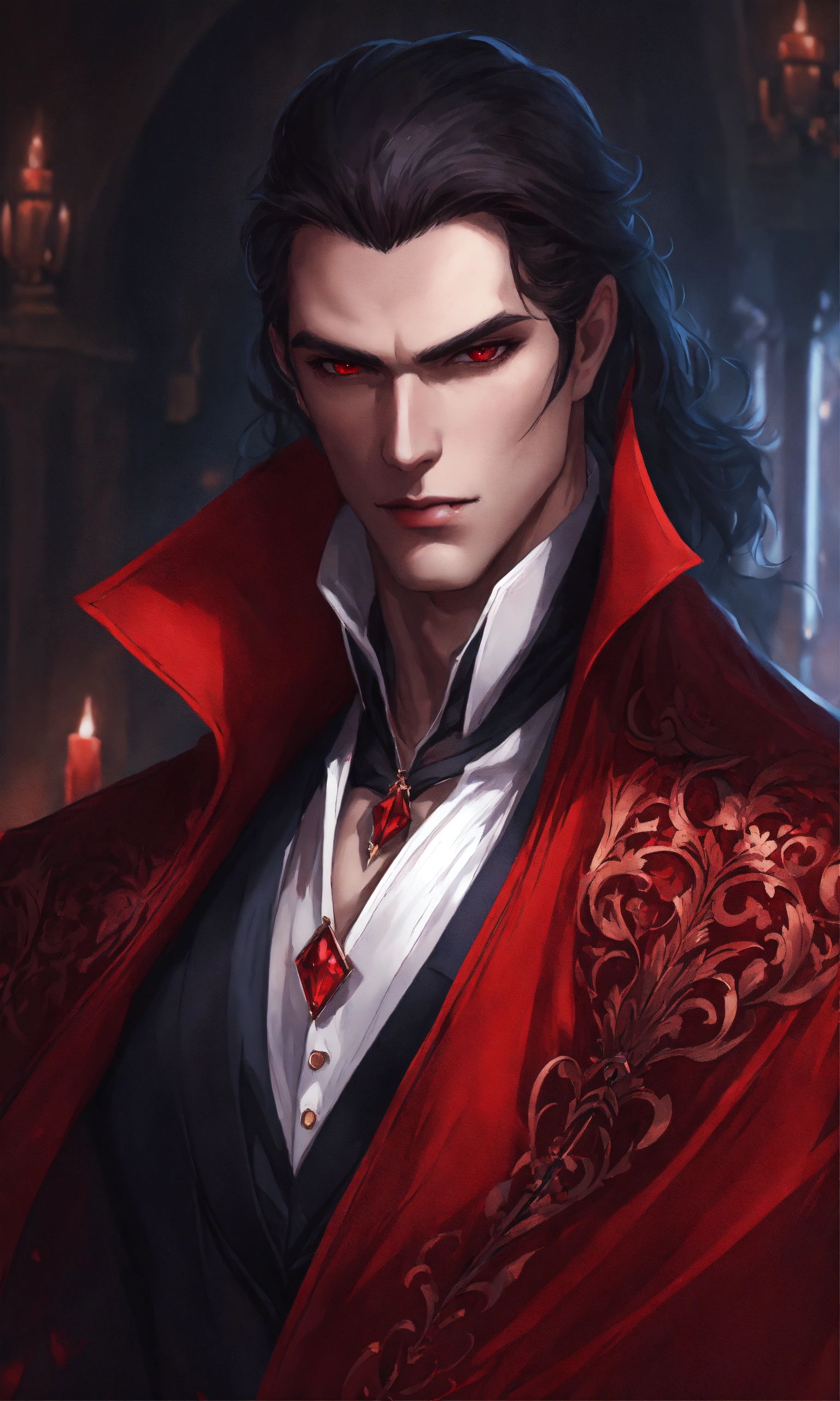 Lexica - Portrait of a male vampire, intricate crimson outfit, cape ...