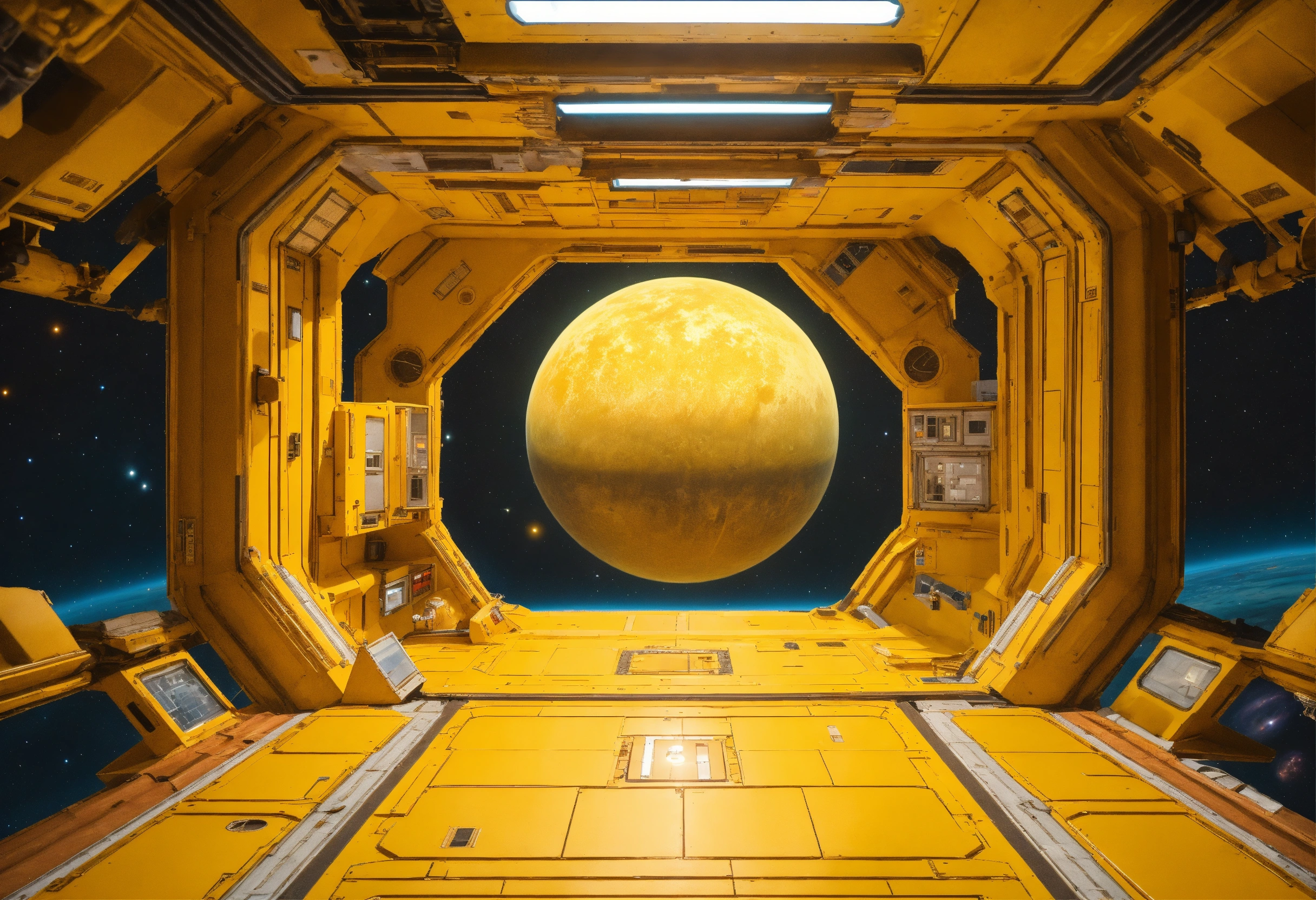 Lexica - View from dock in a yellow space station of a planet in space