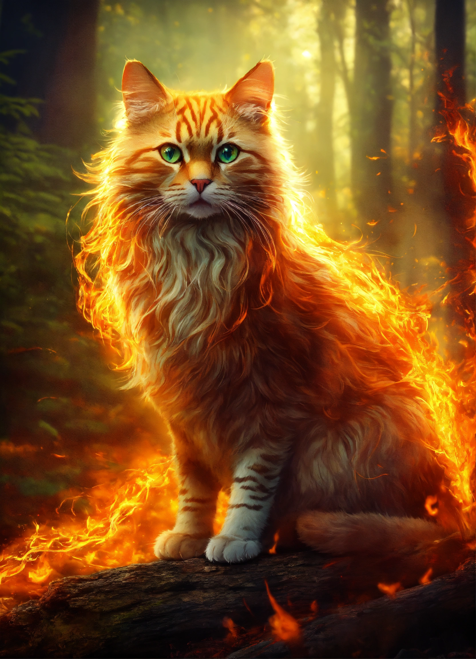 Lexica - A mystical cat spirit made of fire in an enchanted forest.