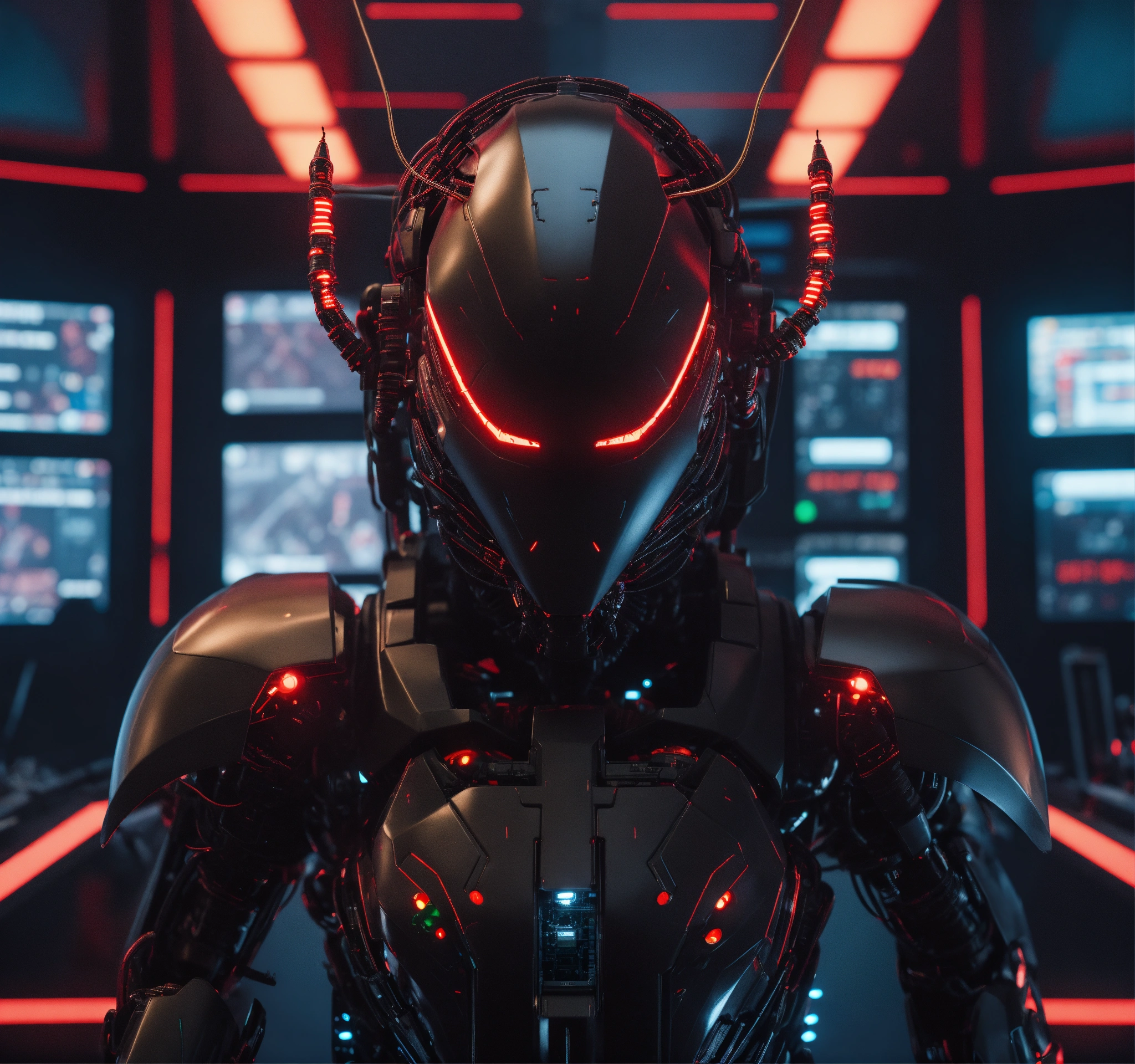 Lexica - Zoom out of black cockroach faced humanoid with red glowing ...