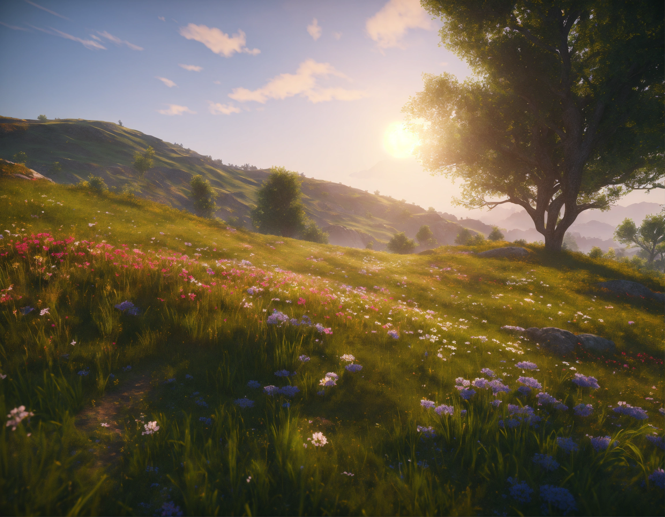 Lexica Daylight Grassy Field Flowers Hill Realistic Unreal Engine Render Cinematic