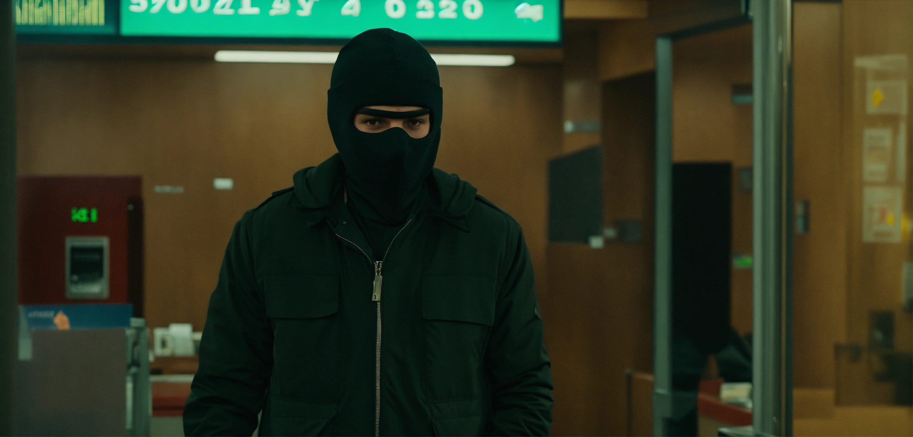 Lexica - A bank robbery wearing a ski mask standing in a bank.