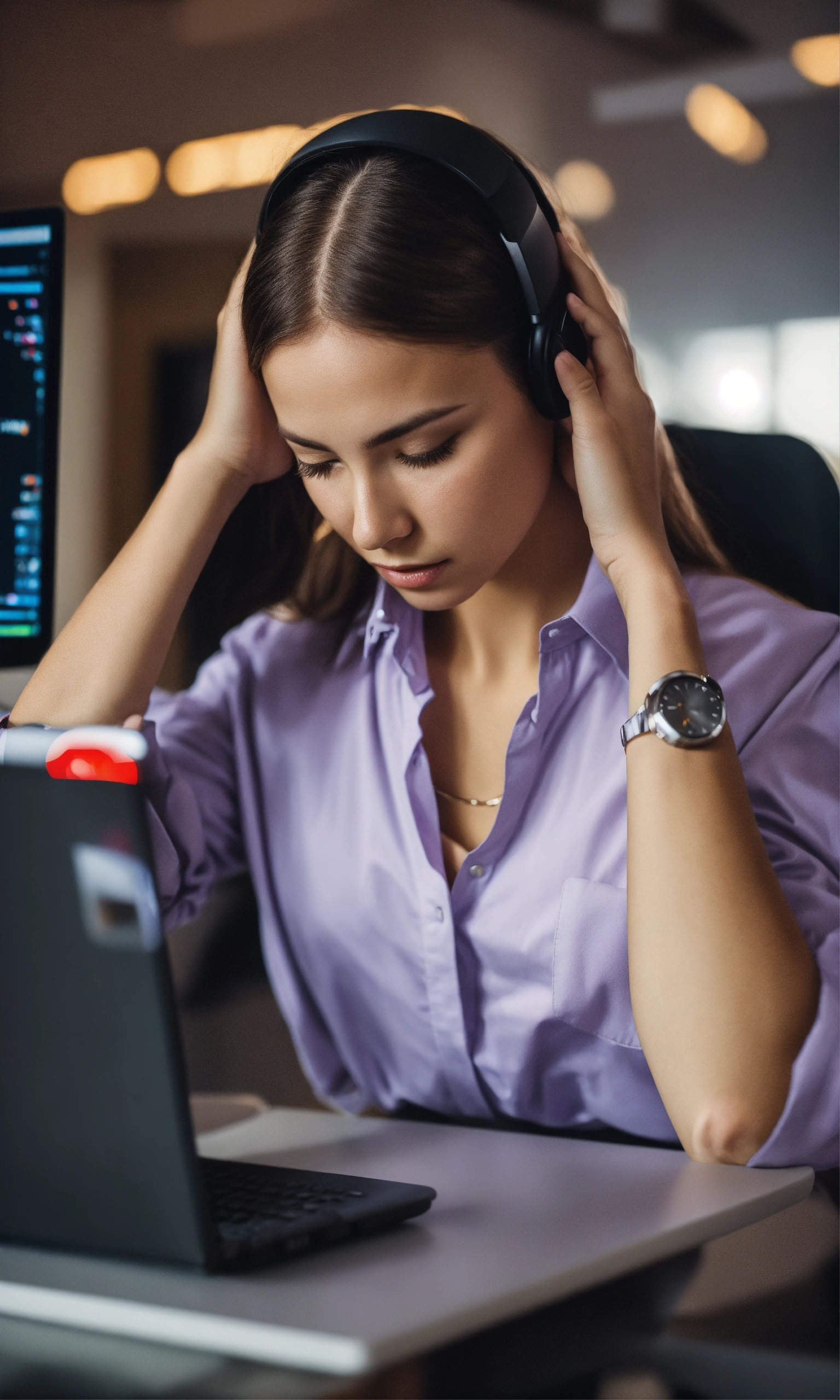 Lexica - A marketing girl in a lilac shirt holds her head with her ...
