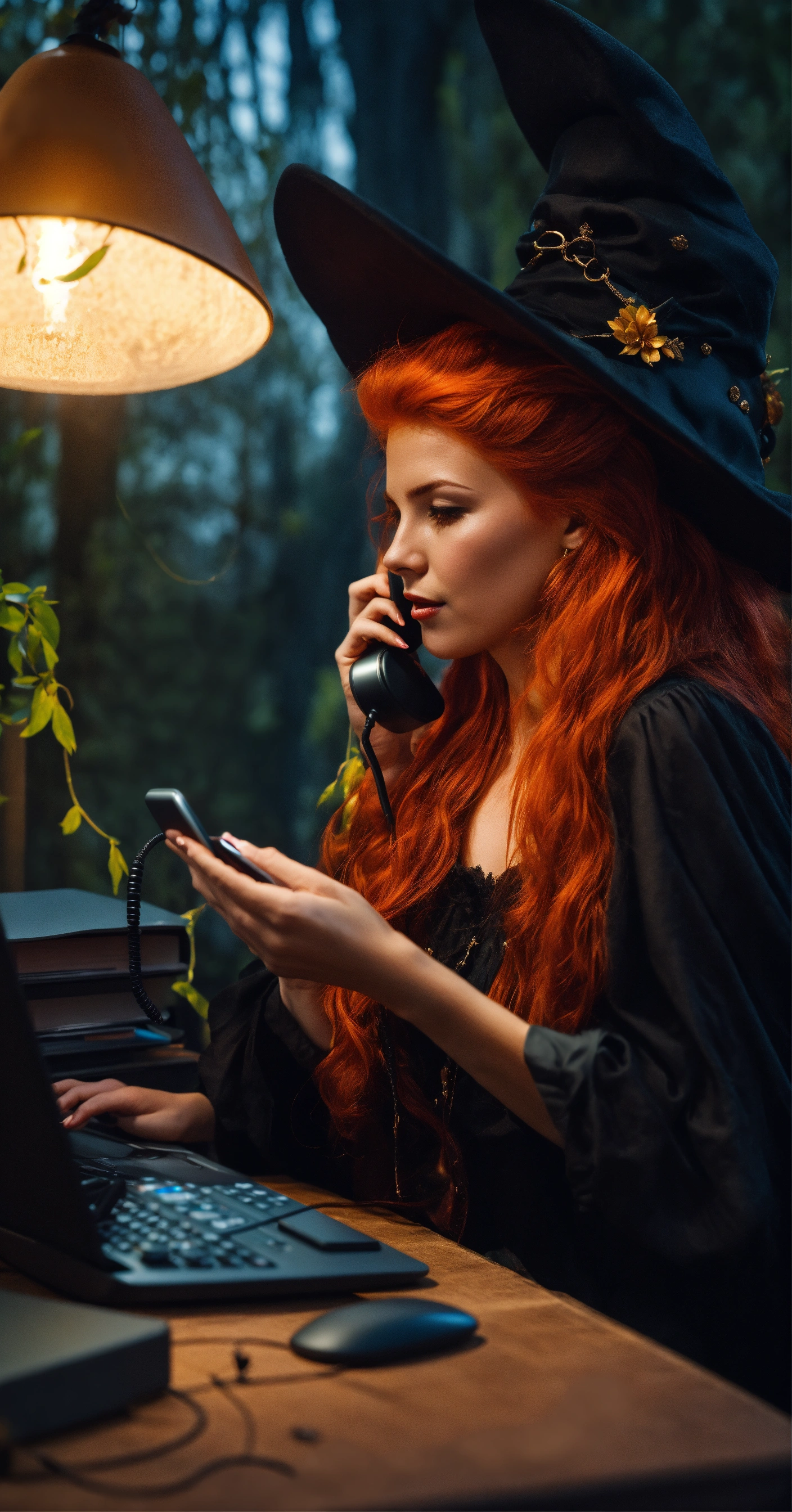 Lexica - Red-haired witch on the phone on her computer