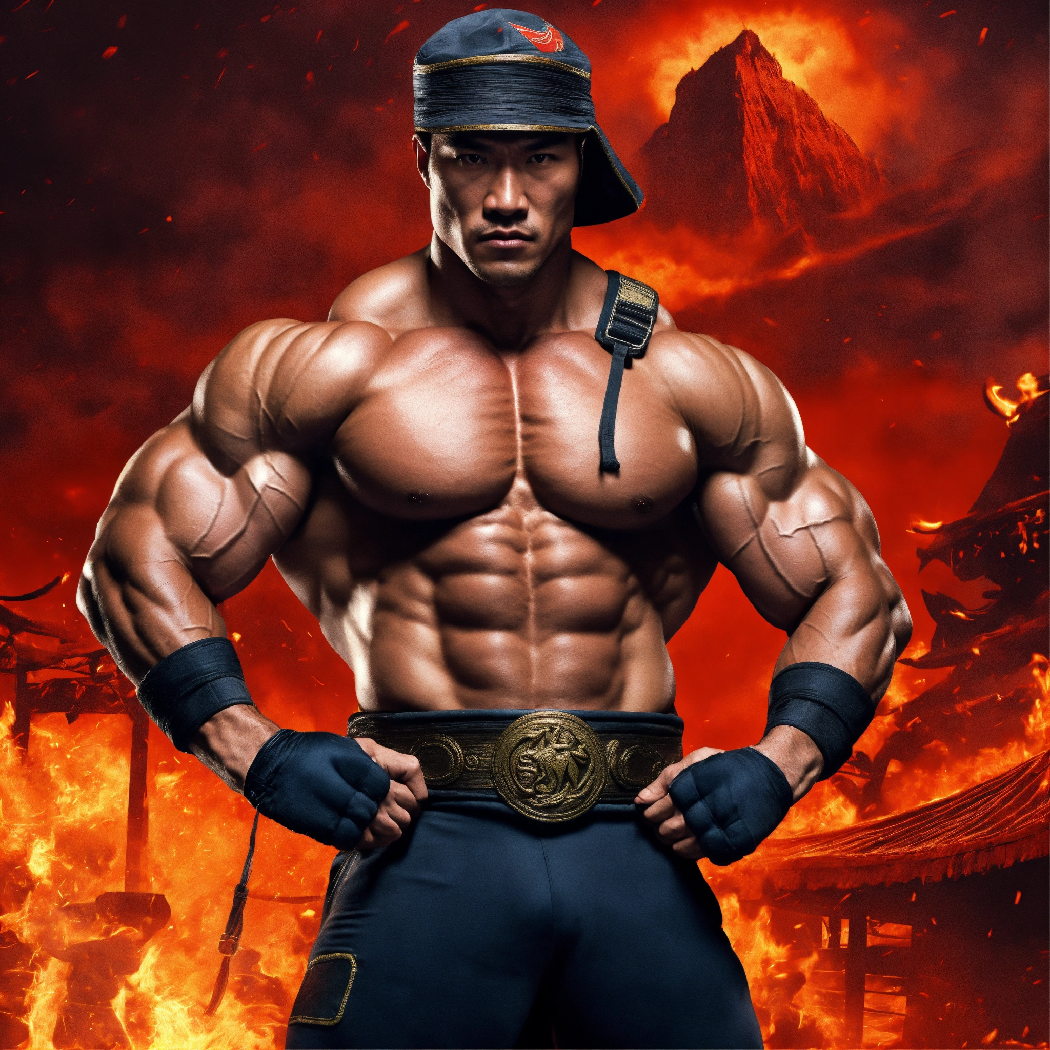 Lexica - 30-year-old man with big muscles, big bodybuilder, body like a  wrestler, in the military, Kung Lao from Mortal Kombat