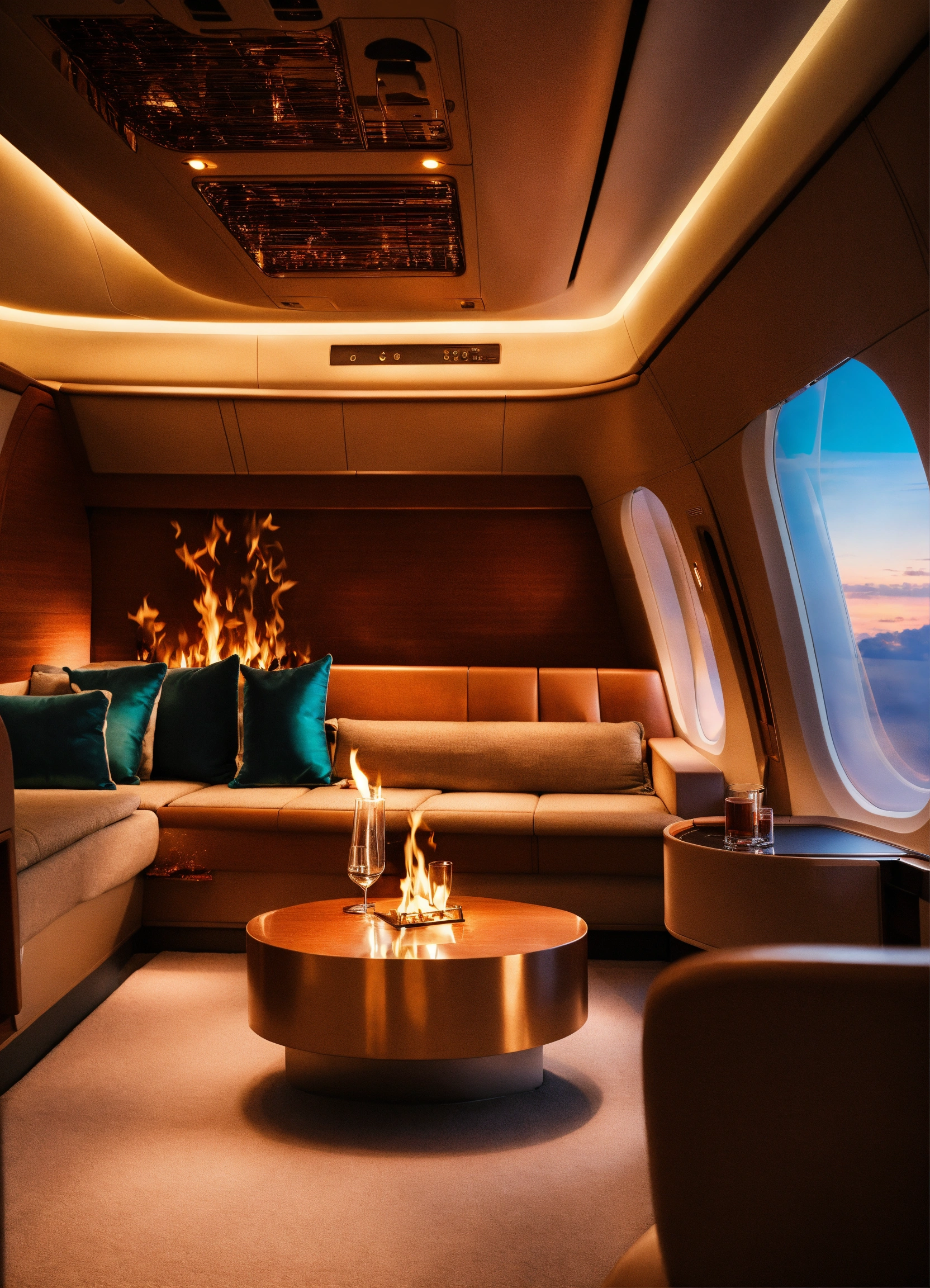 Lexica - Luxury first class airplane interior fireplace
