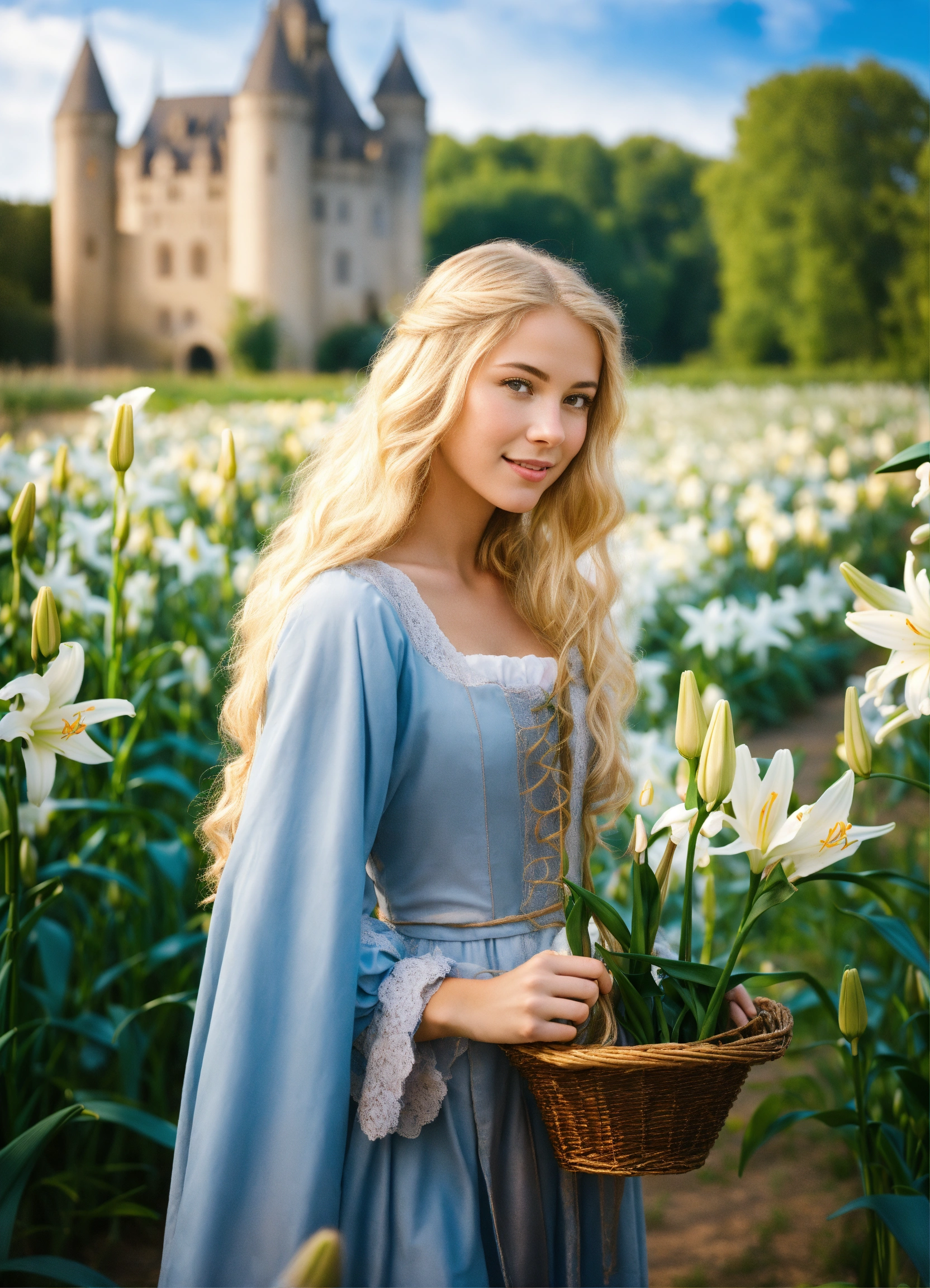 Lexica - A beautiful blonde girl with very long hair picking lilies ...