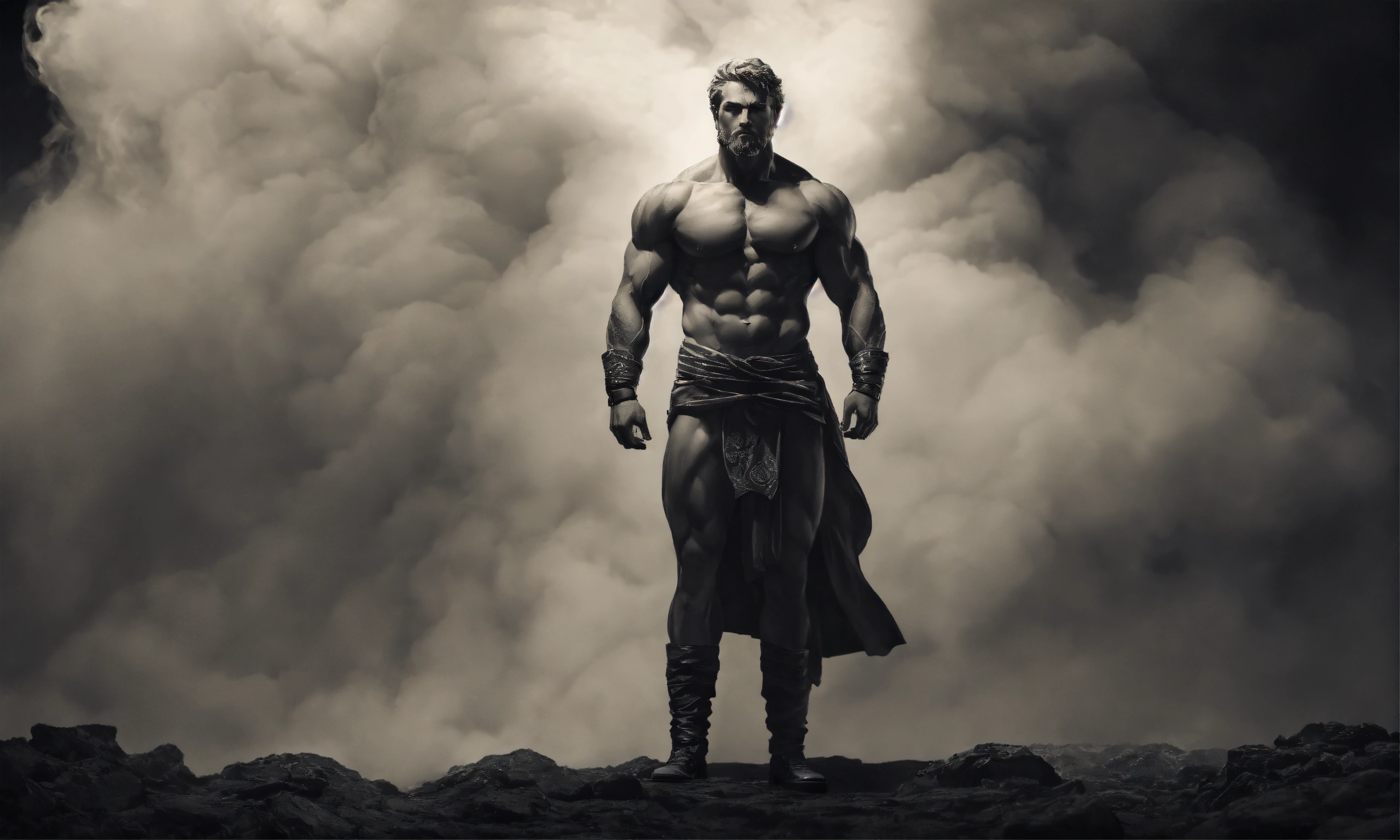 Lexica - Strong stoic man, full body, muscle, stoic sculpture, black and  white image, smoky environment, realistic, 8k