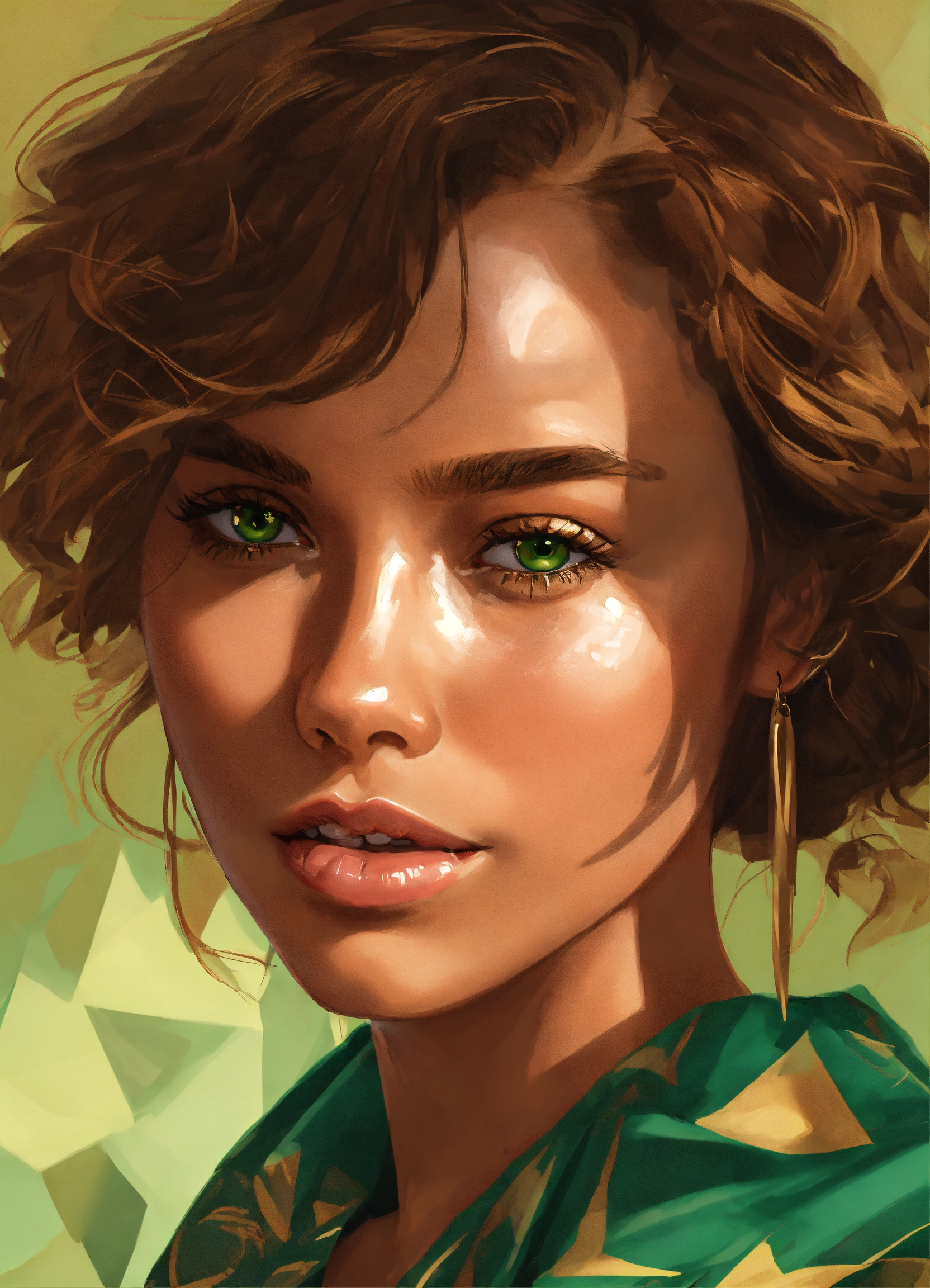 Lexica - A digital portrait of a woman with golden tan skin, green eyes ...