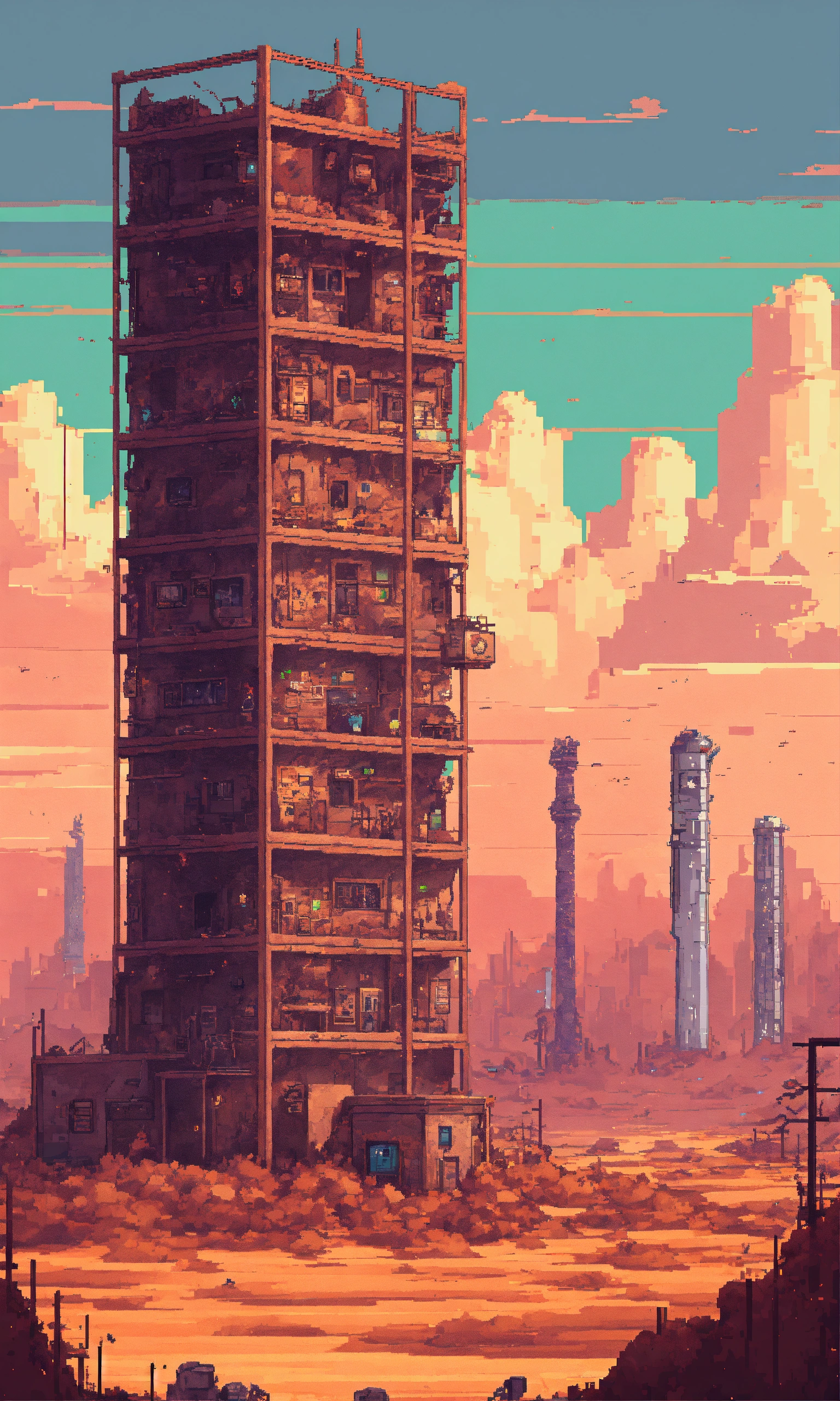 Lexica - Mobile game pixel art. Lone tower of a post-apocalyptic human ...