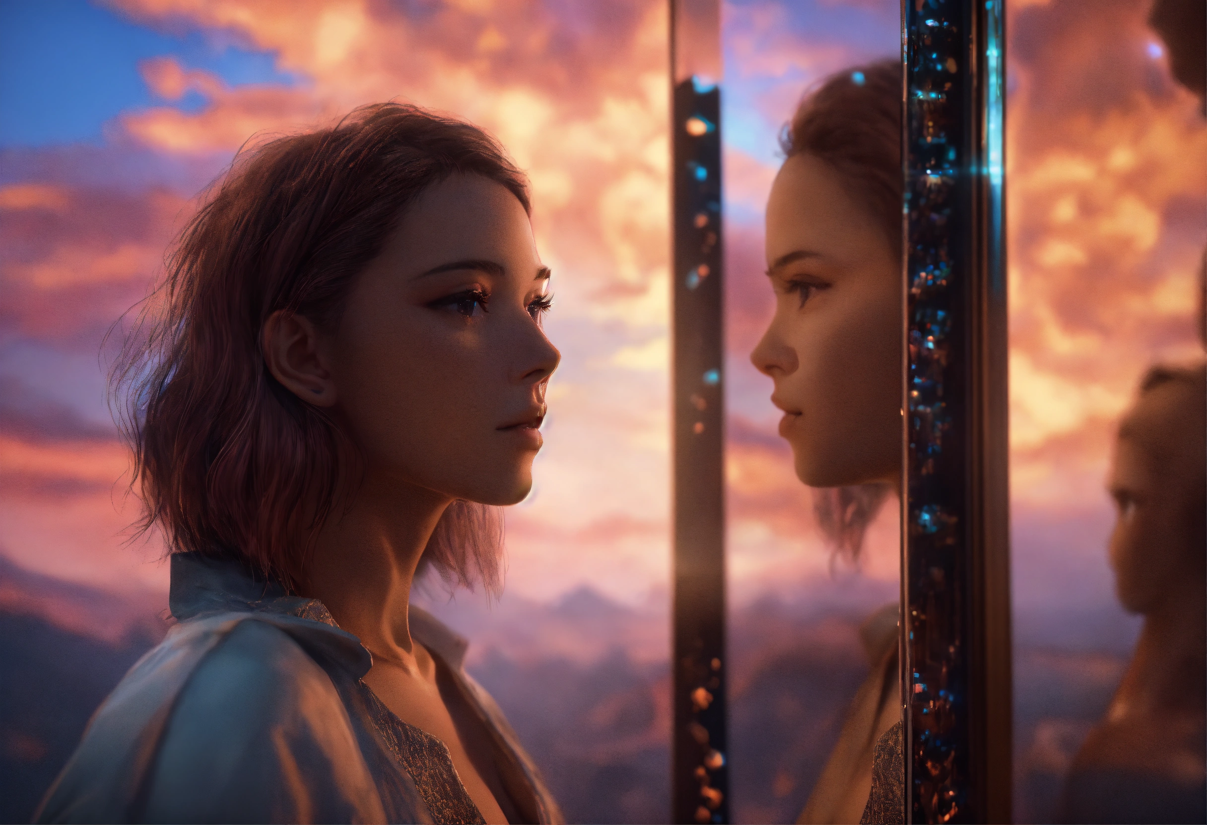Lexica - A young woman looks at a man on the other side of a mirror ...