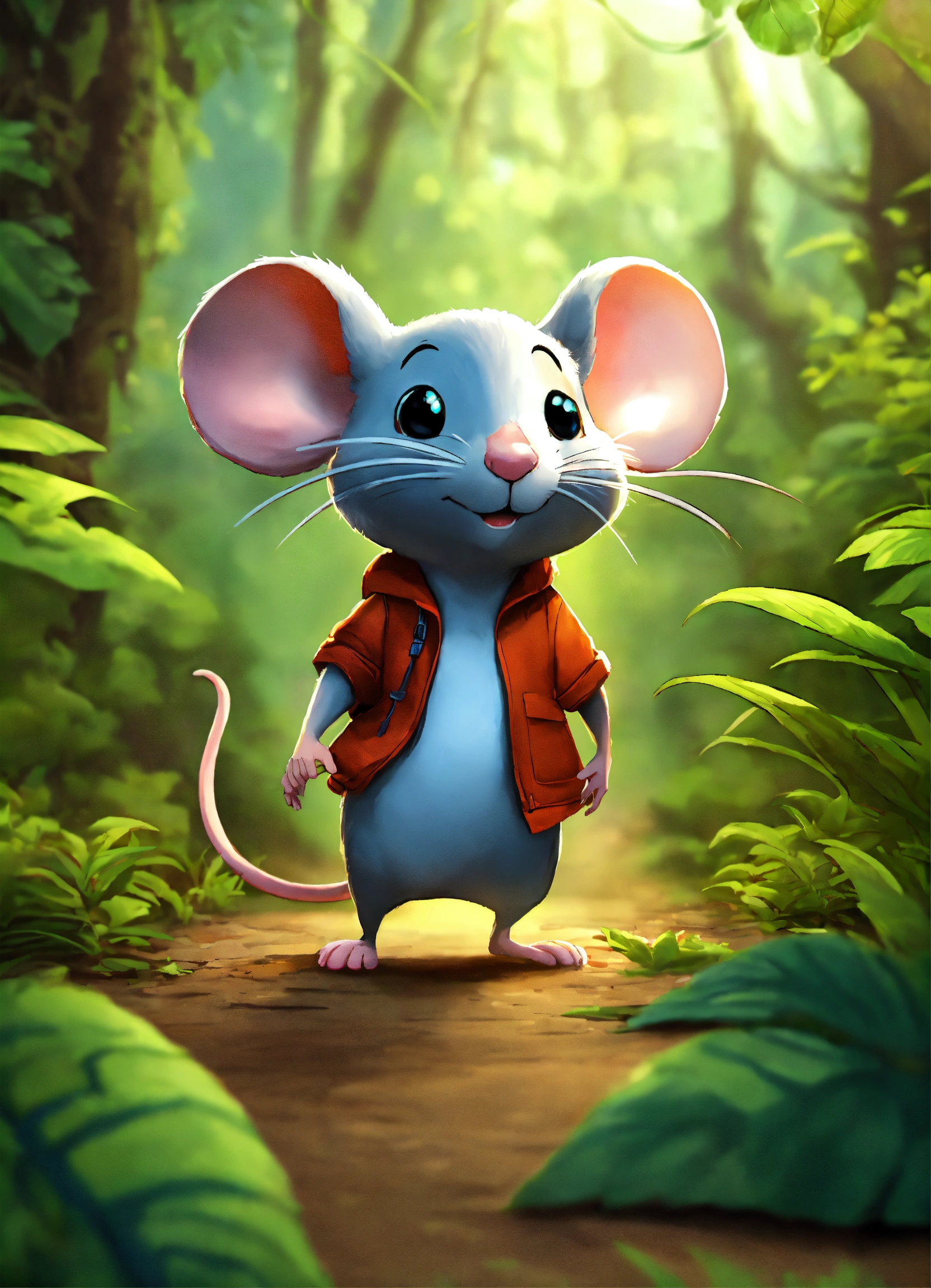 Lexica - Cartoon cute mouse walking in dense jungle