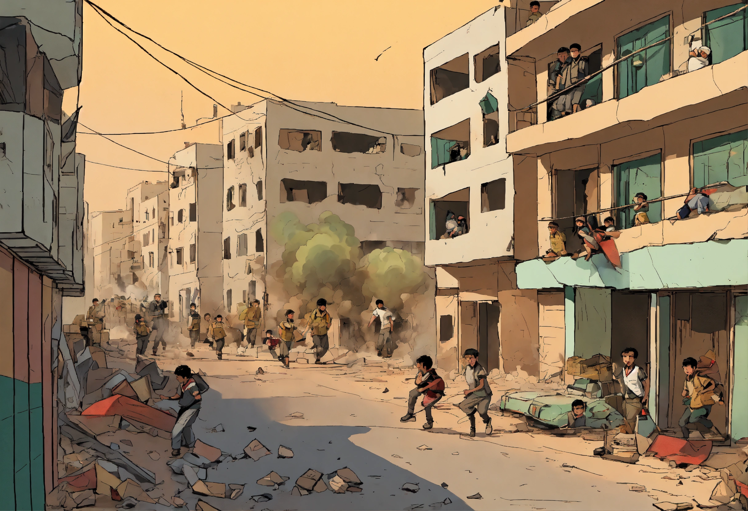 Lexica - Background A bustling Gaza street with residential buildings ...