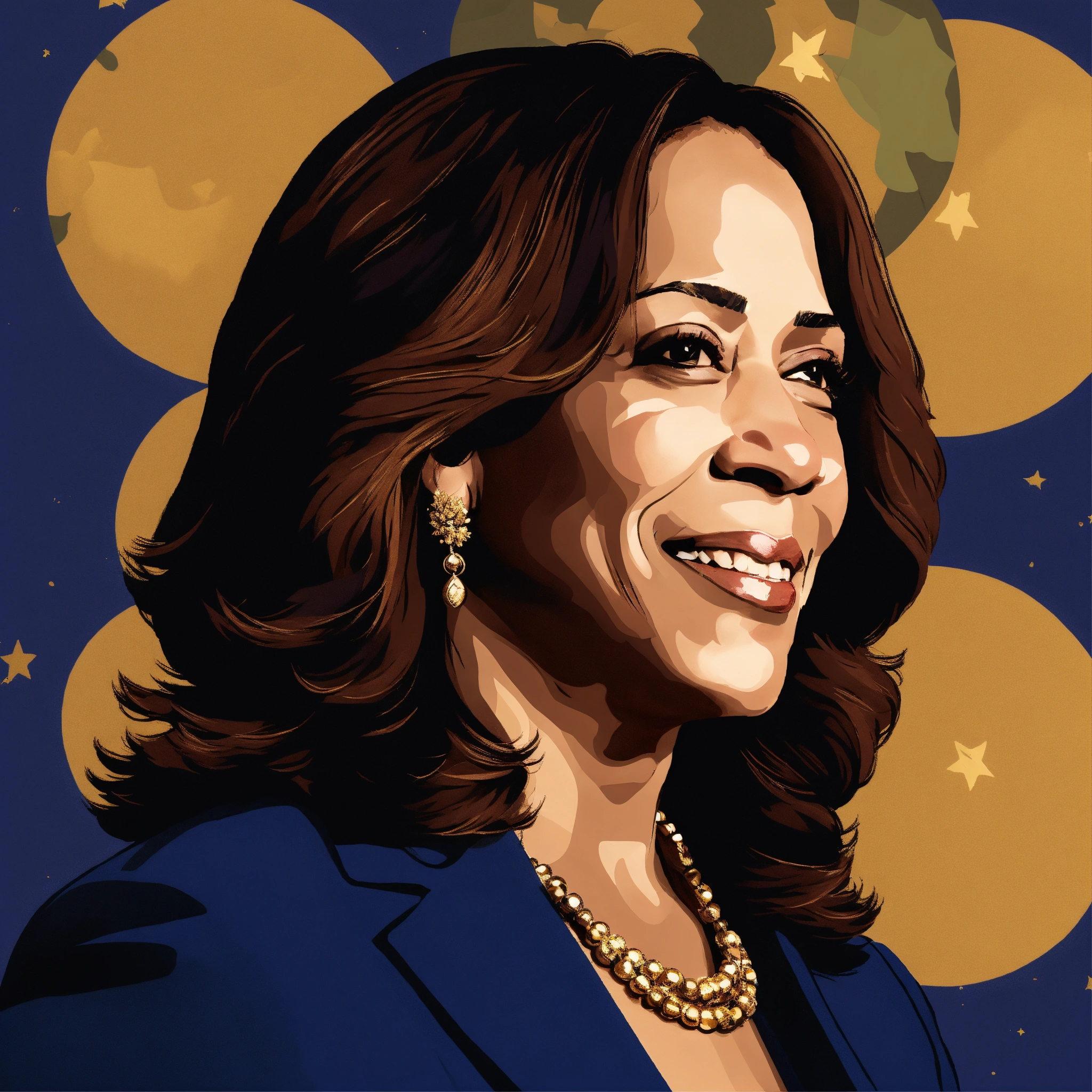 Lexica - Create a portrait of Kamala Harris on a black background.