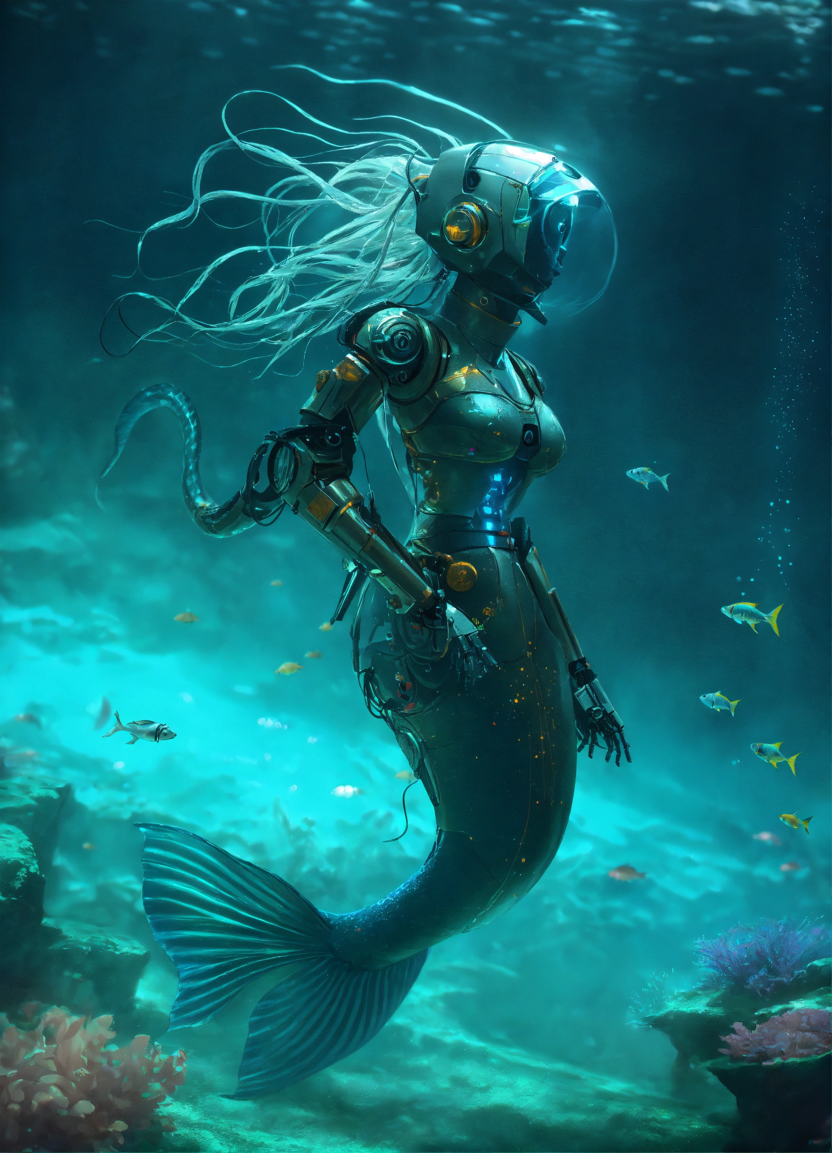 Lexica - A robot mermaid, in the bottom of the sea, dark light , whit a ...