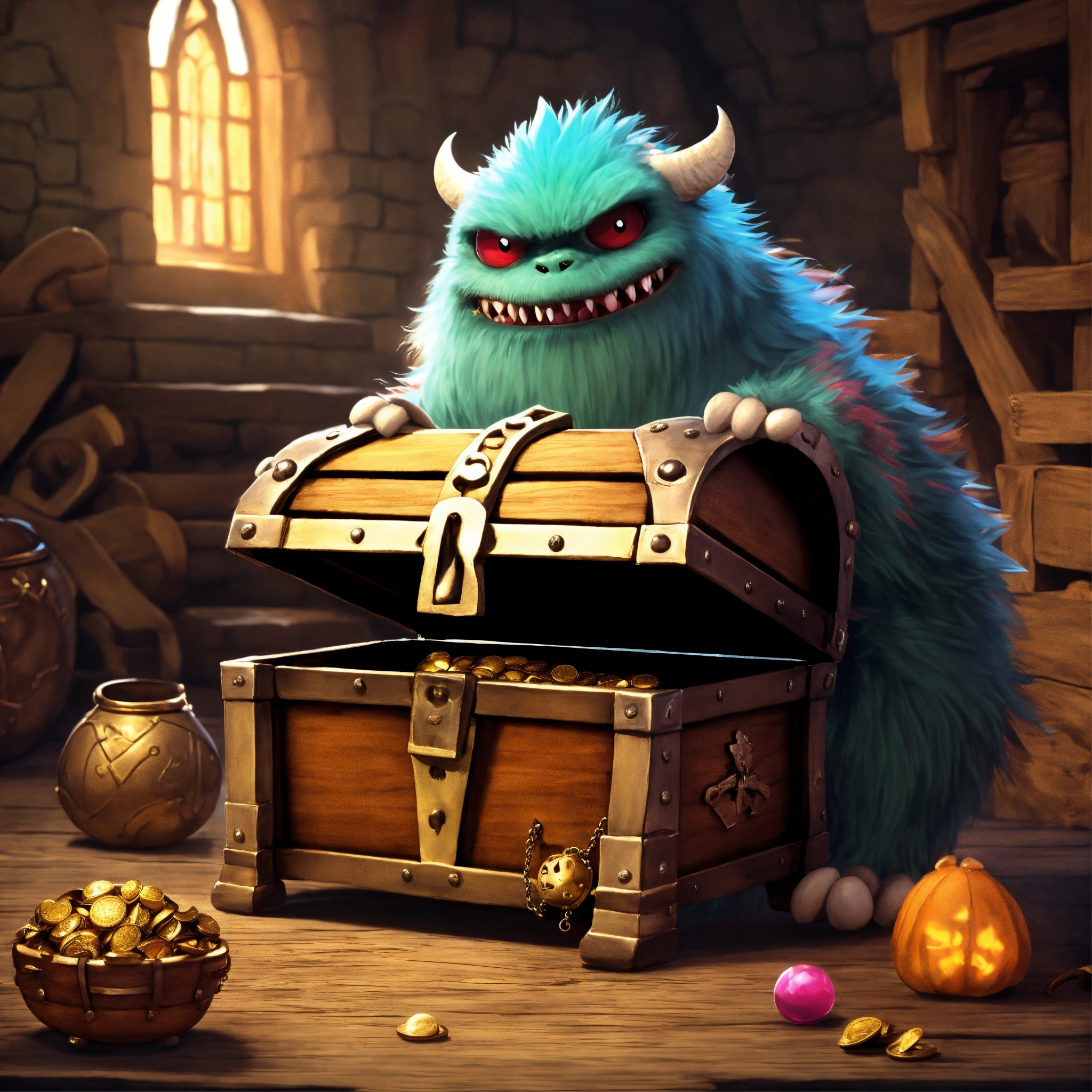 Lexica - Sensei cute monster guarding a medieval treasure chest