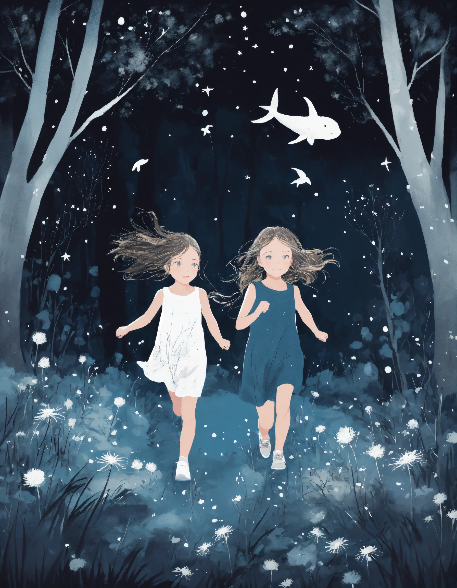 Lexica - Two little girls are running through a dark magical forest ...