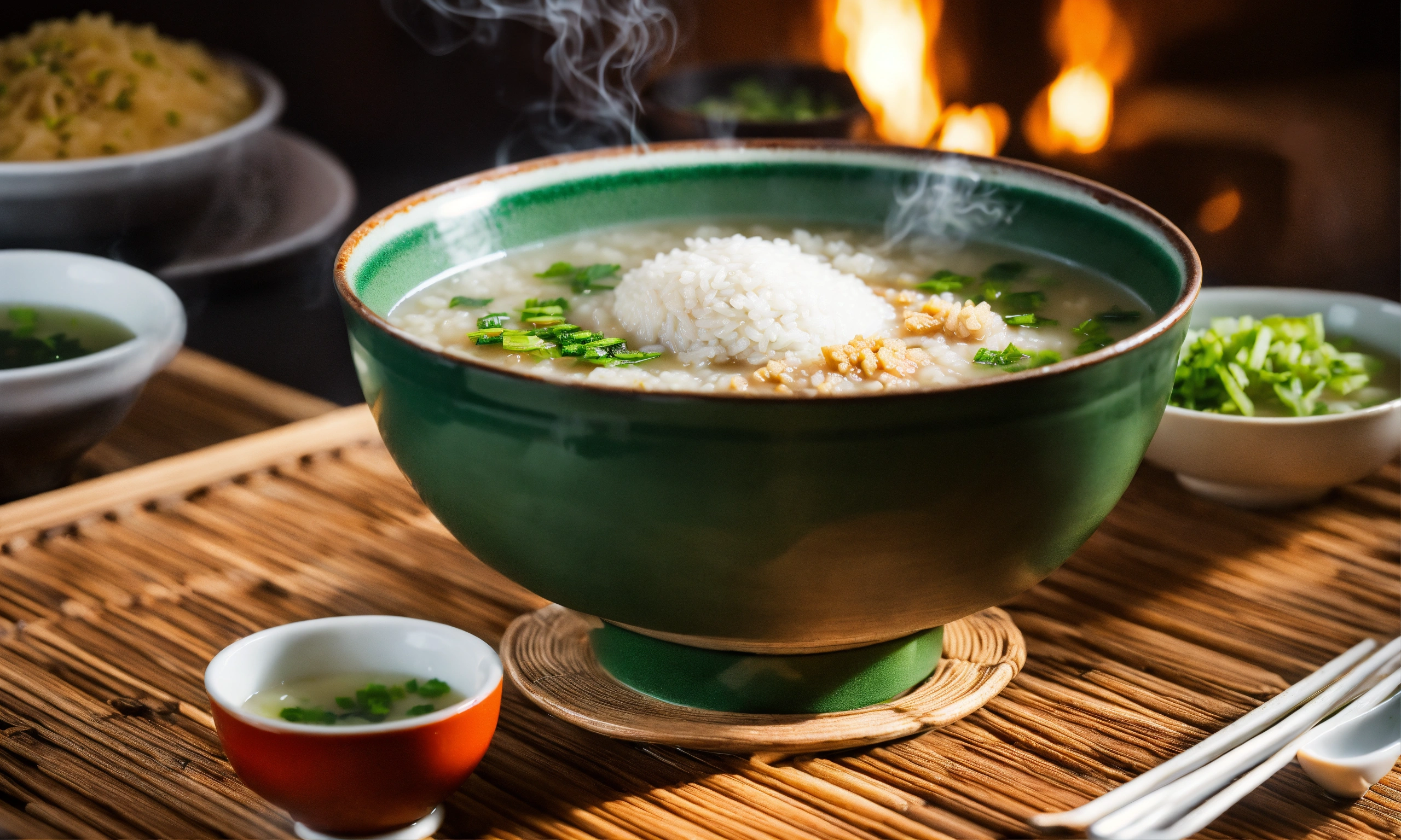 Lexica A bowl of congee with a cup of green tea smoking with a rice