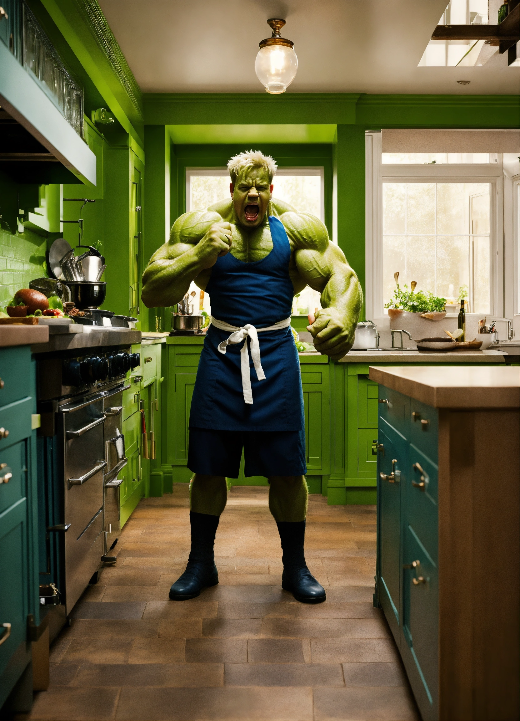 Lexica - Gordon ramsay screaming at hulk in a kitchen