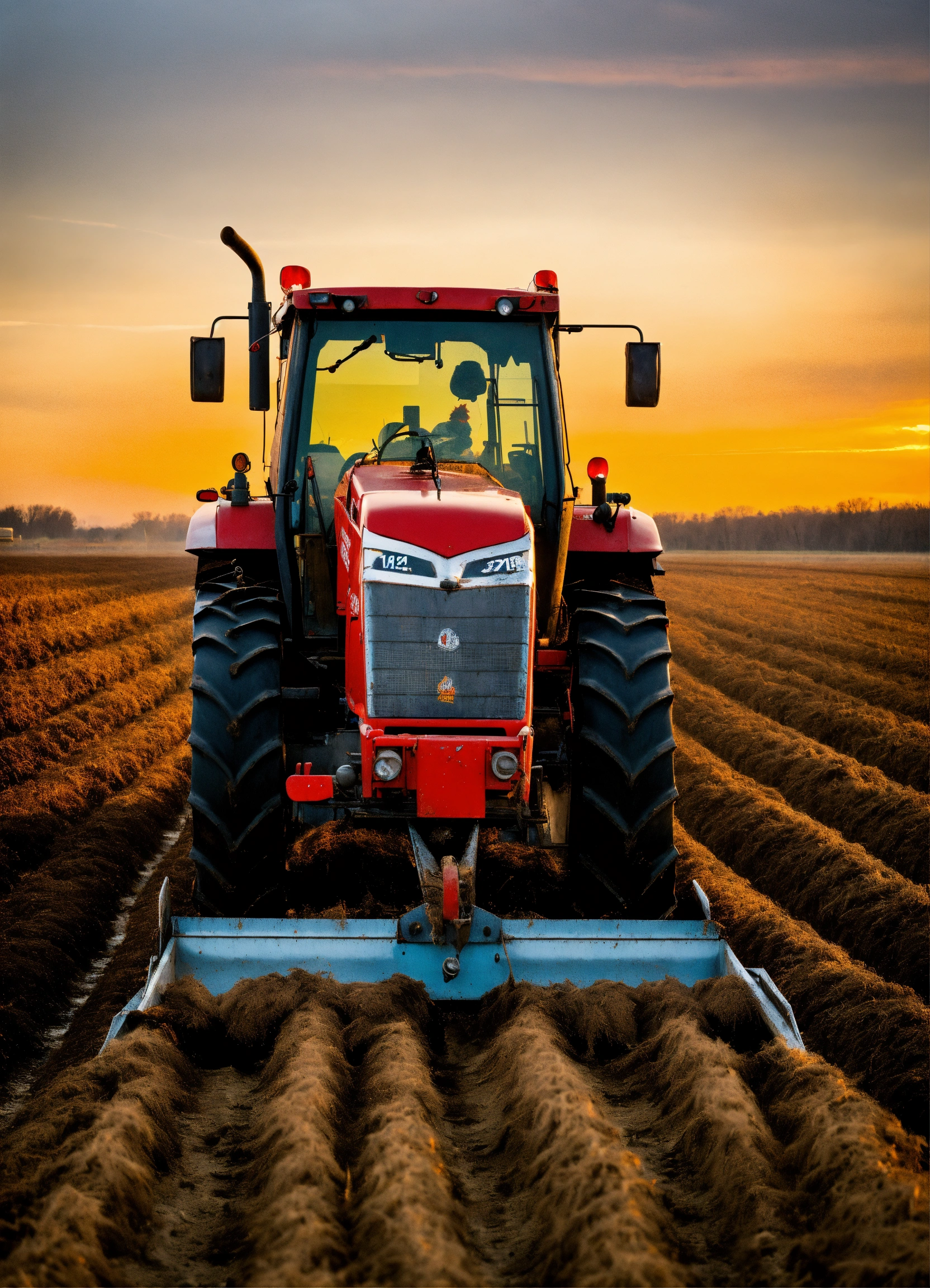 Lexica - A rooster in front of a plow machine in a field