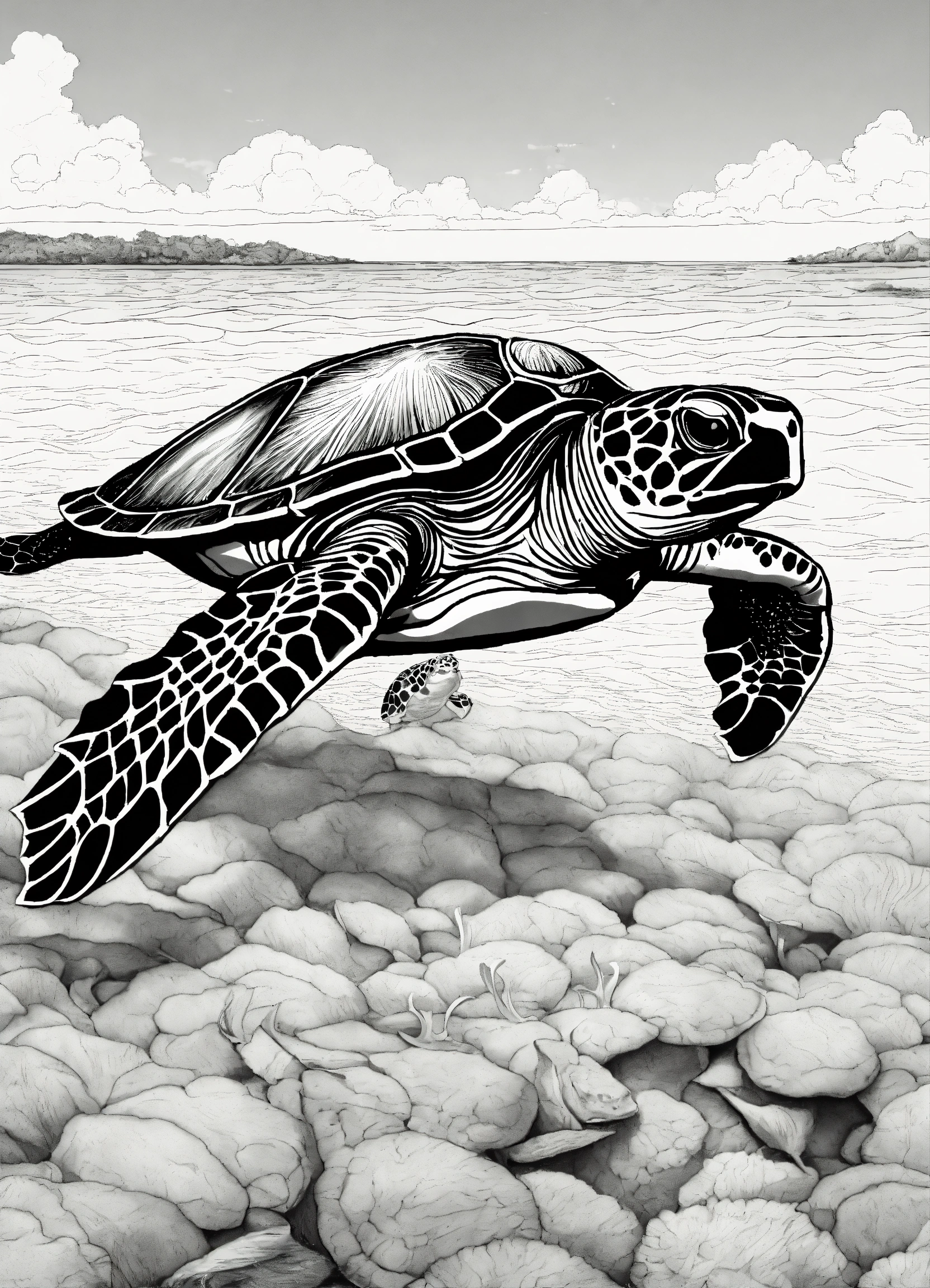 Lexica - Olive Ridley Sea Turtle in the sea, realistic art, line art ...