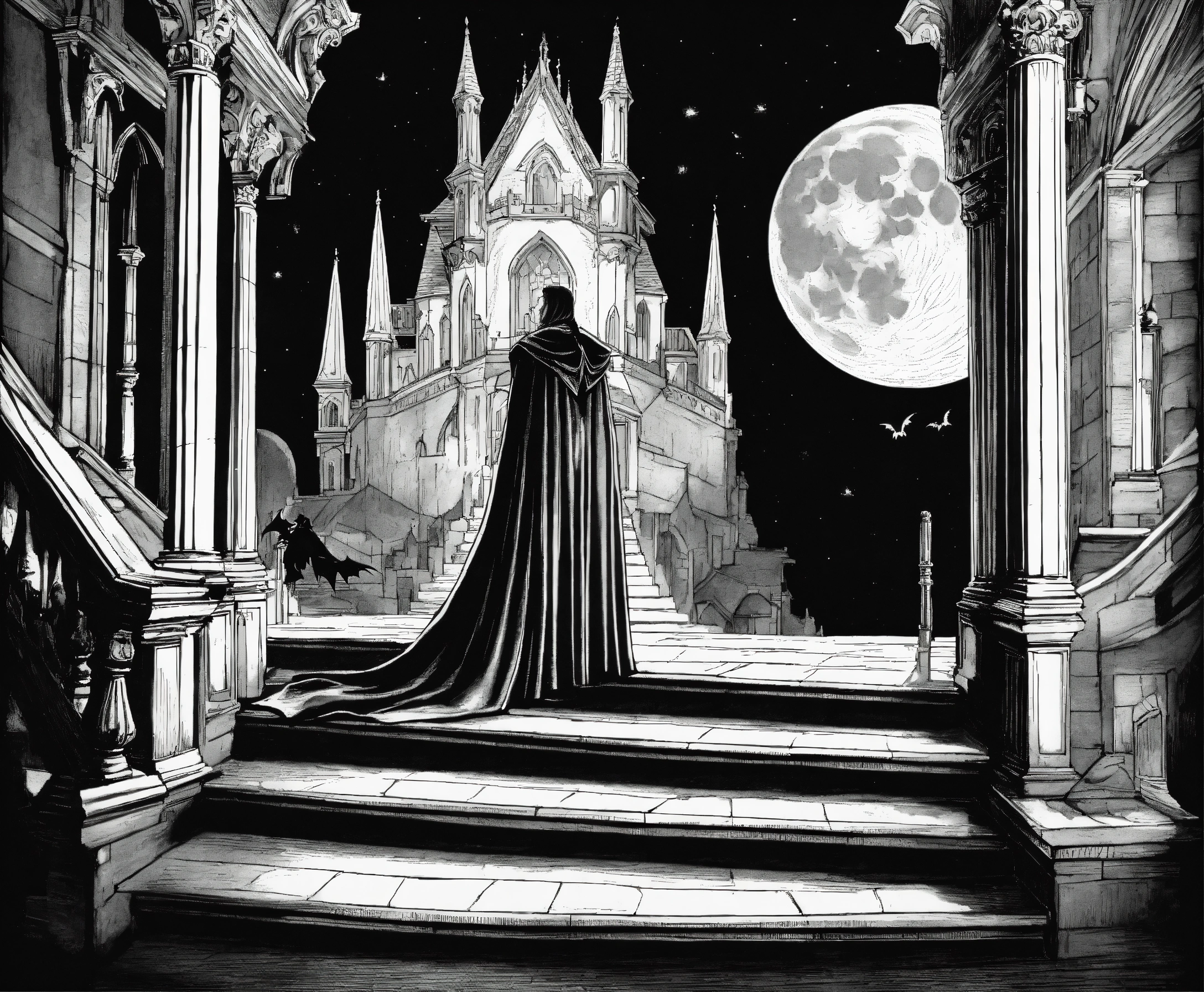 Lexica - Line art deep engraving; count Dracula in an old gothic castle ...
