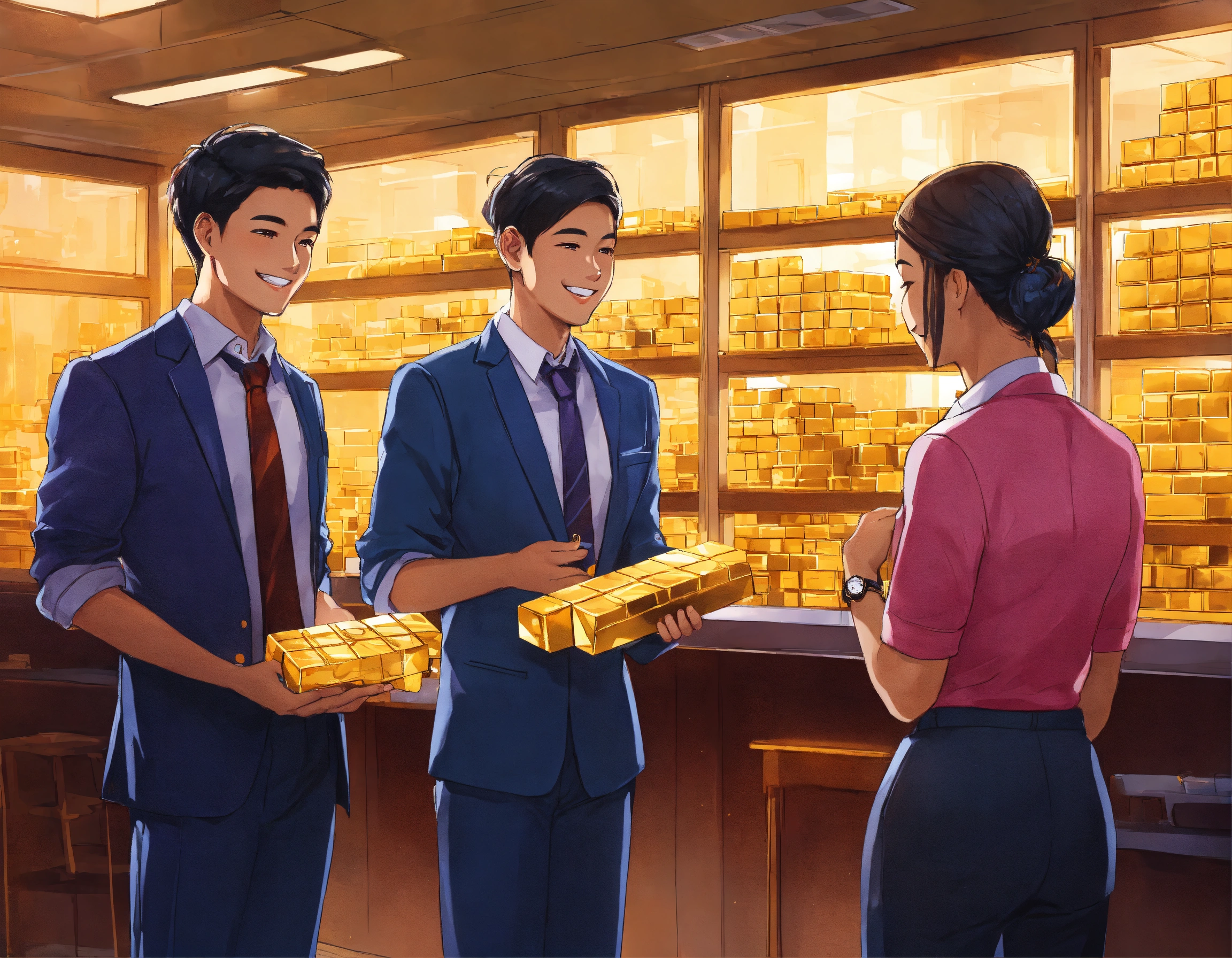 Lexica - Young people in office uniforms, focused holding gold bars ...