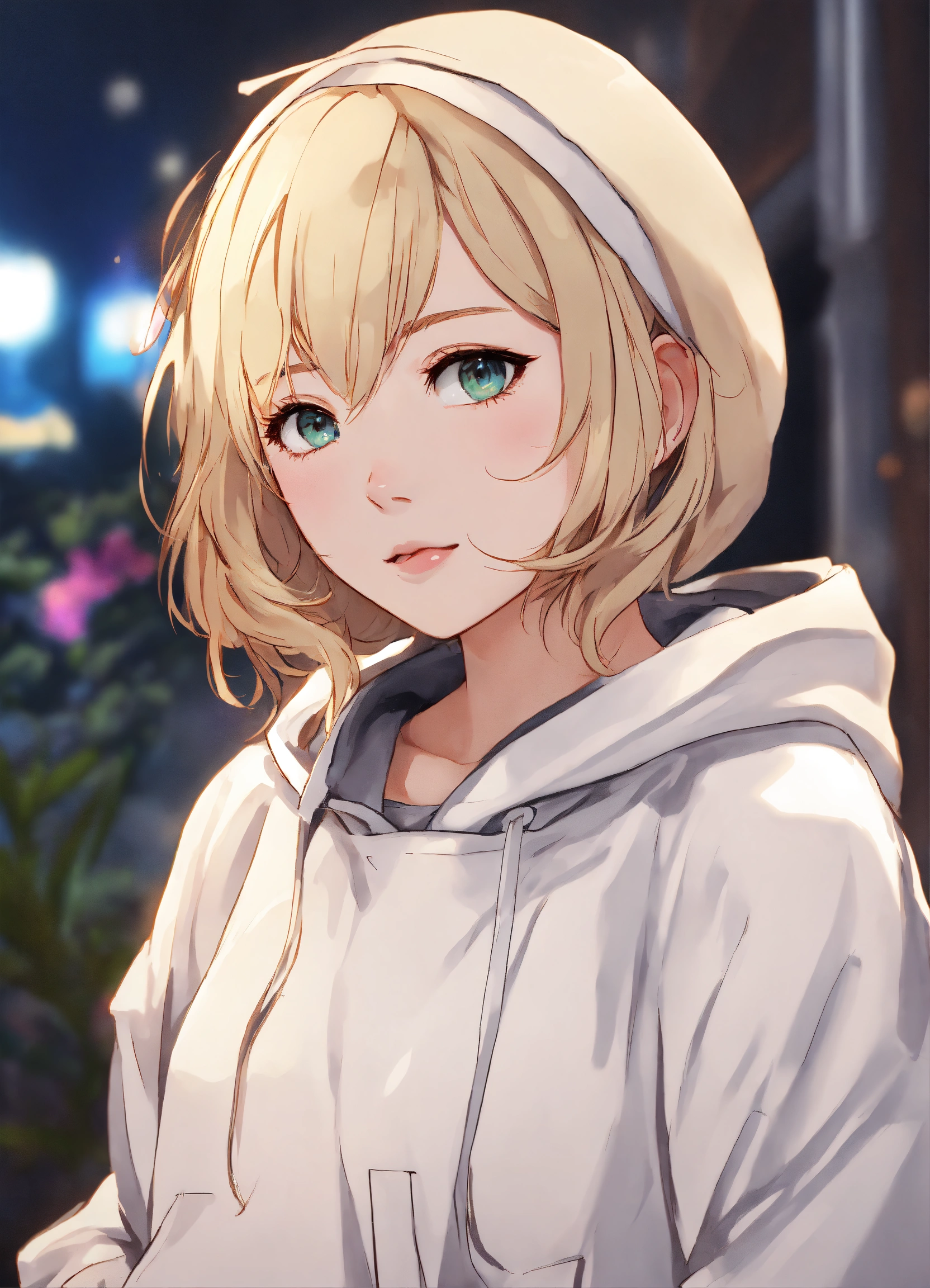 Lexica - Short white female, short dirty blonde hair, beautiful eyes, rosy  cheeks, thick eyeliner, white hoodie, pj pants, anime