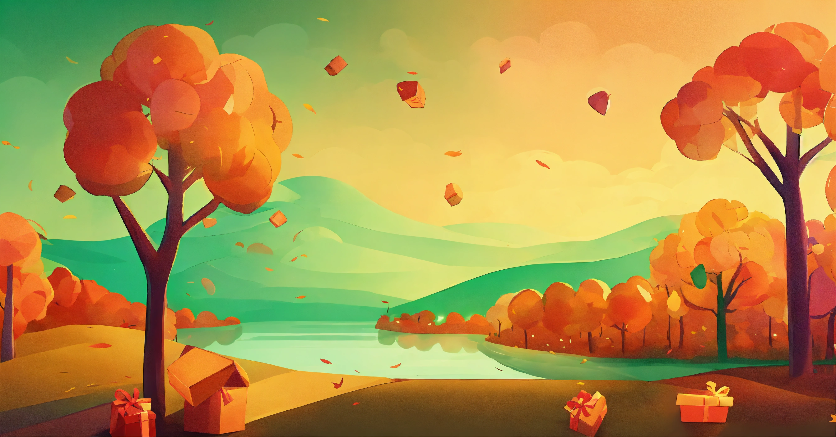 Lexica - Fall scene with a few floating gift boxes. simple flat ...