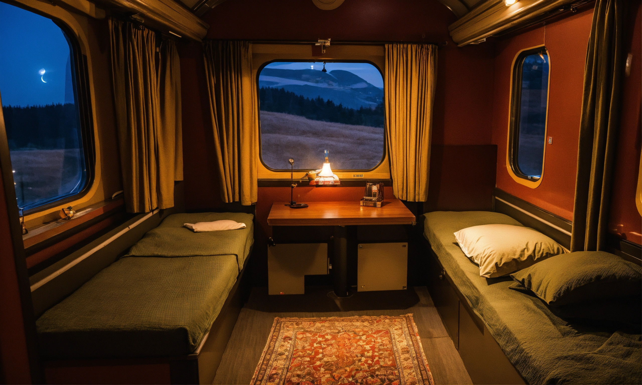 Lexica - Cozy train sleep compartment at night with 4 beds