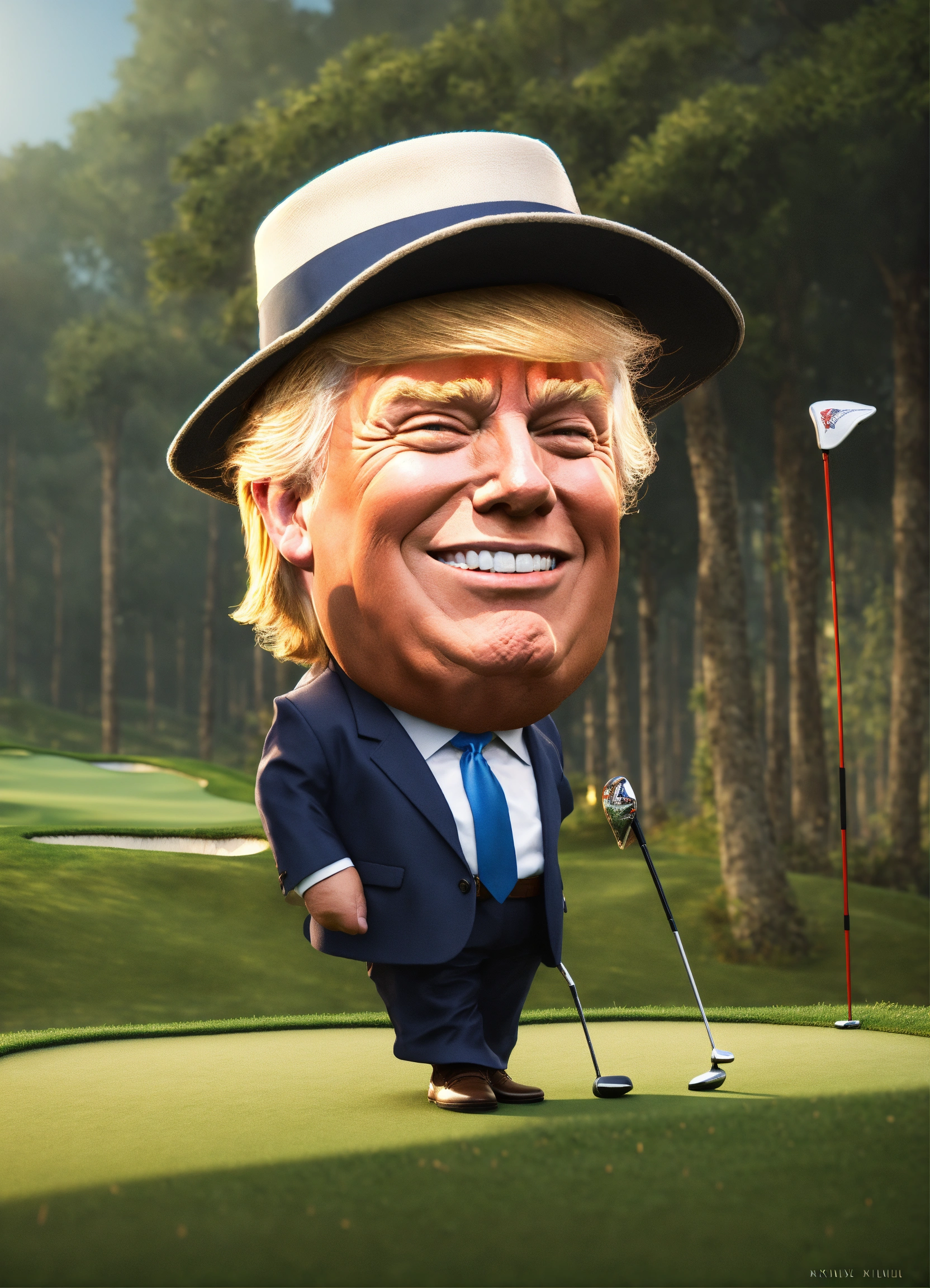 Lexica - Donald trump on a golf course, wearing a fedora, forward ...