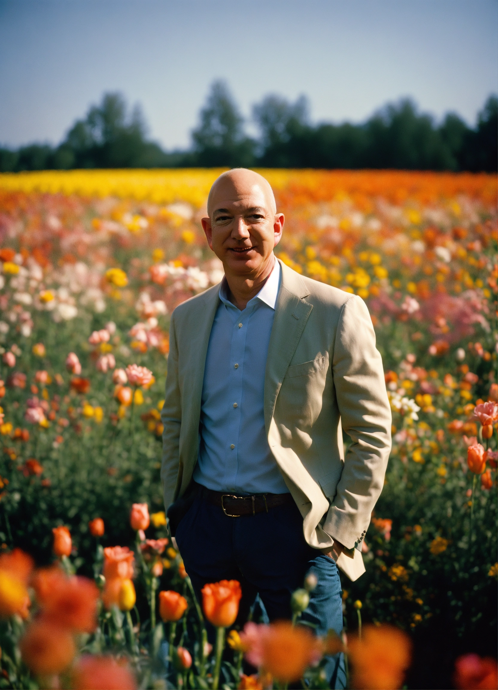 Lexica - Happy Jeff Bezos standing in a beautiful field of flowers ...