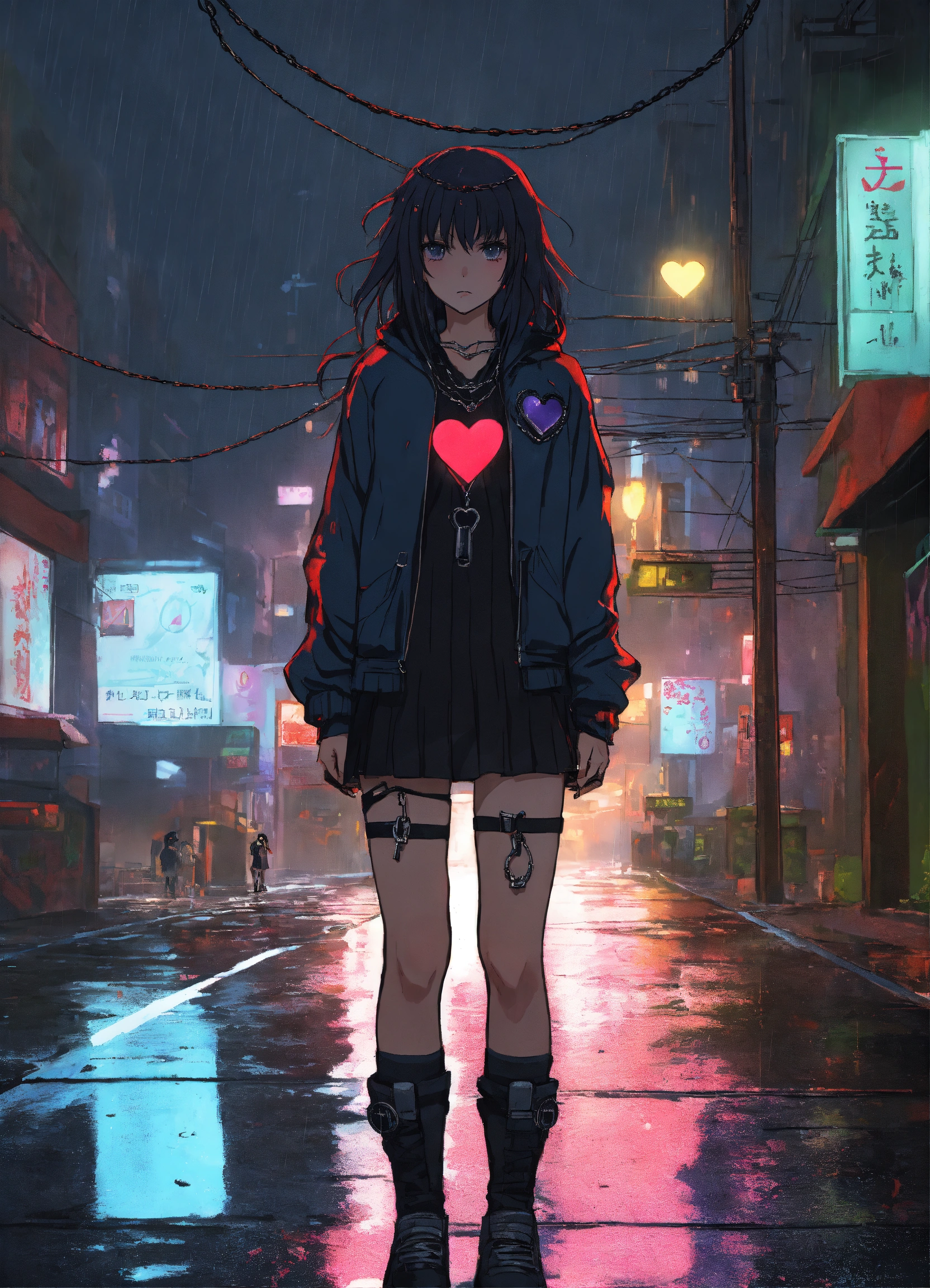 Lexica - Cyberpunk city heart broken gothic girl with hair standing in the  middle of the street while it is a rainy dark night anime style studio  ghi...