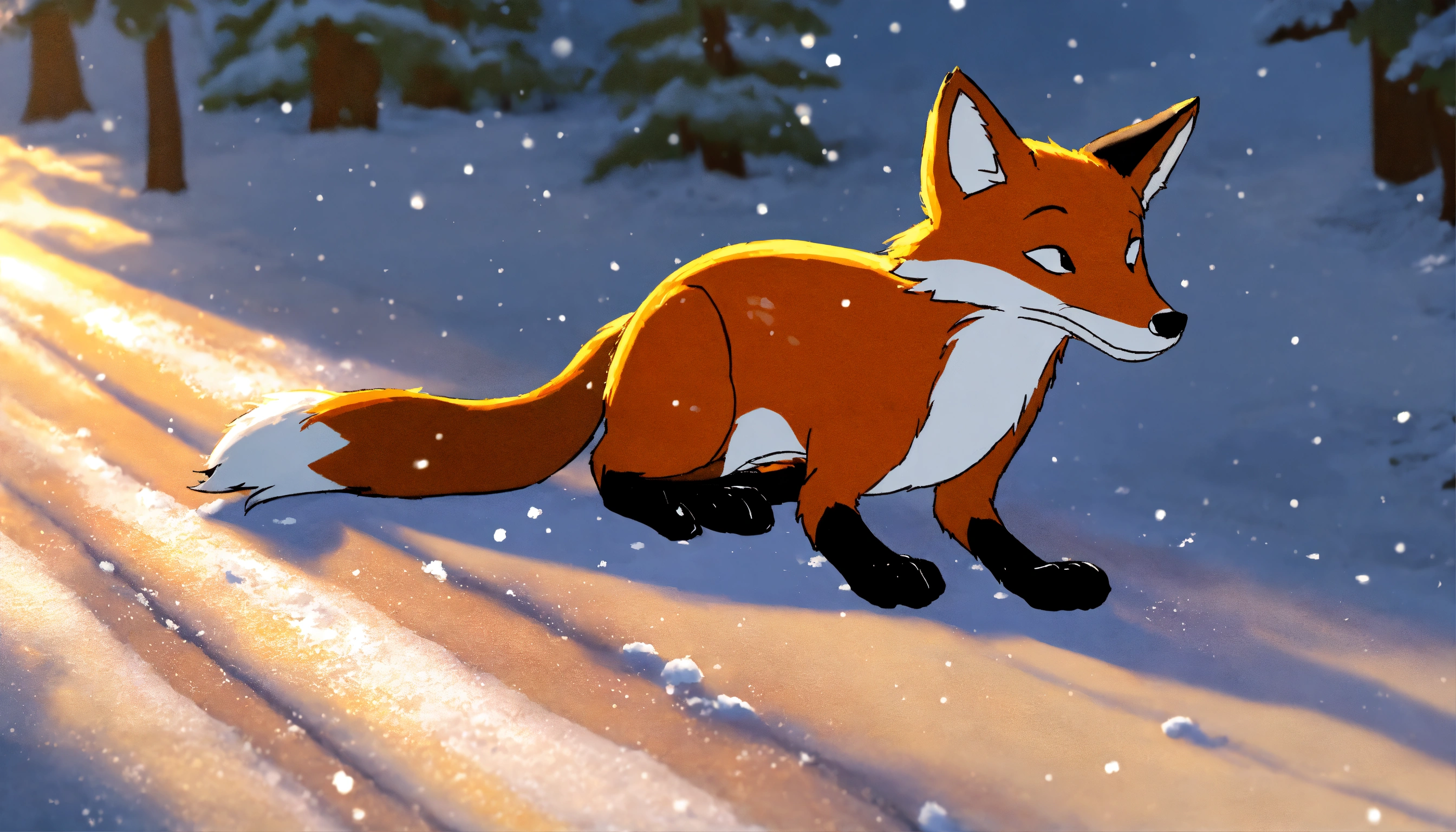 Lexica - A cartoon-style fox, pretending to be dead, lies on the snowy ...