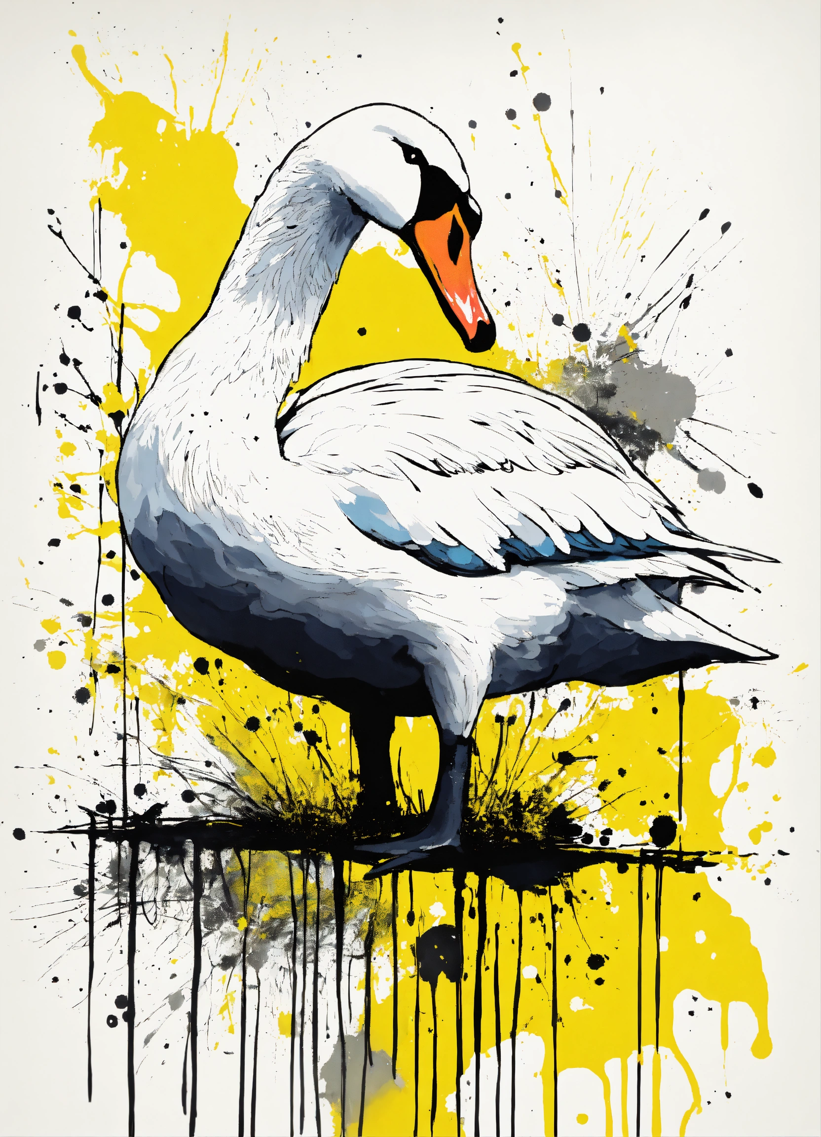 Lexica - Swan, abstract splatters and drips, Monochrome with yellow ...
