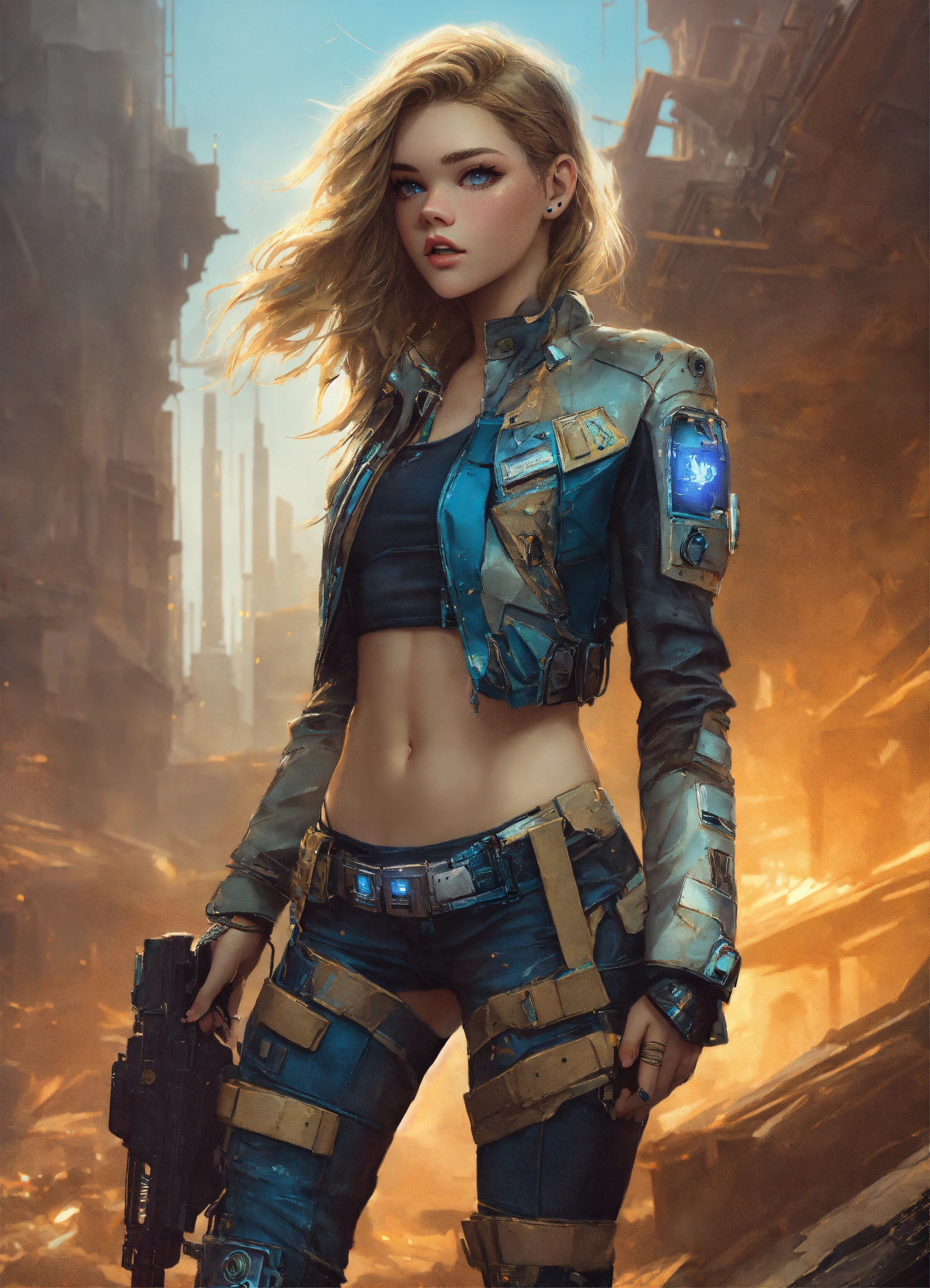 Lexica - Blonde Barbara palvin wearing a tattered space cowgirl outfit. the  scene is set in the ruins of a futuristic cyberpunk cityscape, in a cyber...