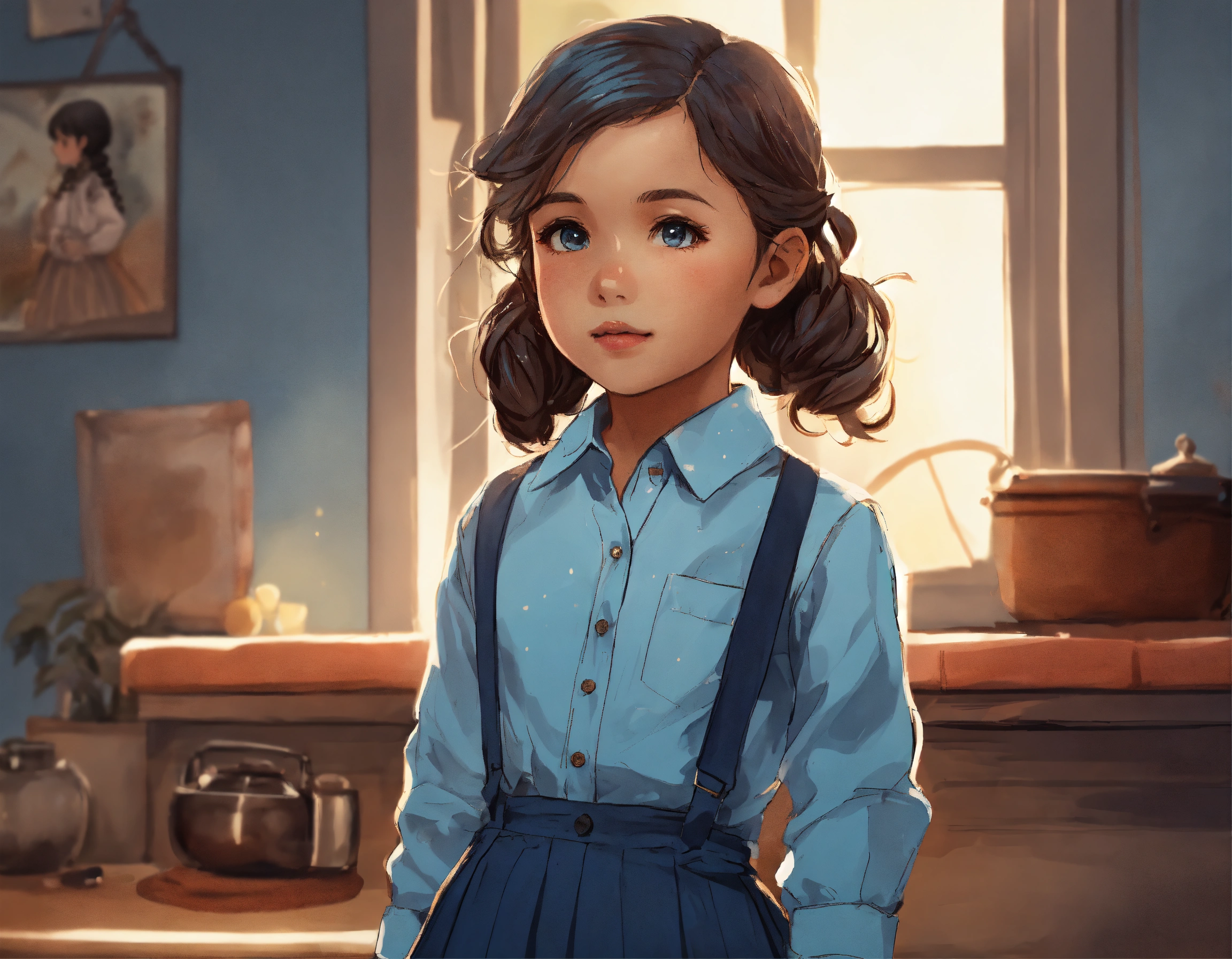 Lexica - A cute five-year-old girl with a light blue button-down shirt ...