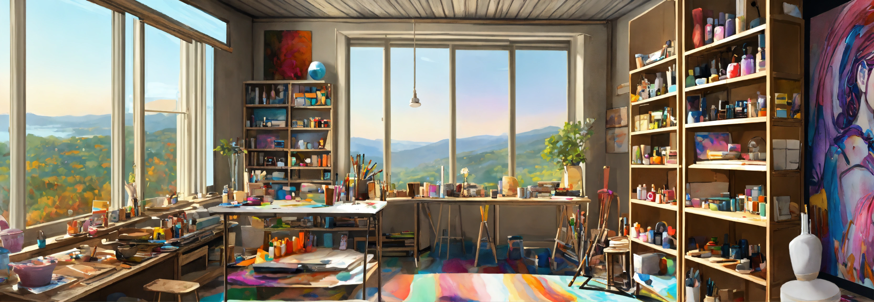 Lexica - Concept art of an art studio, paintings on a canvas, stacked ...